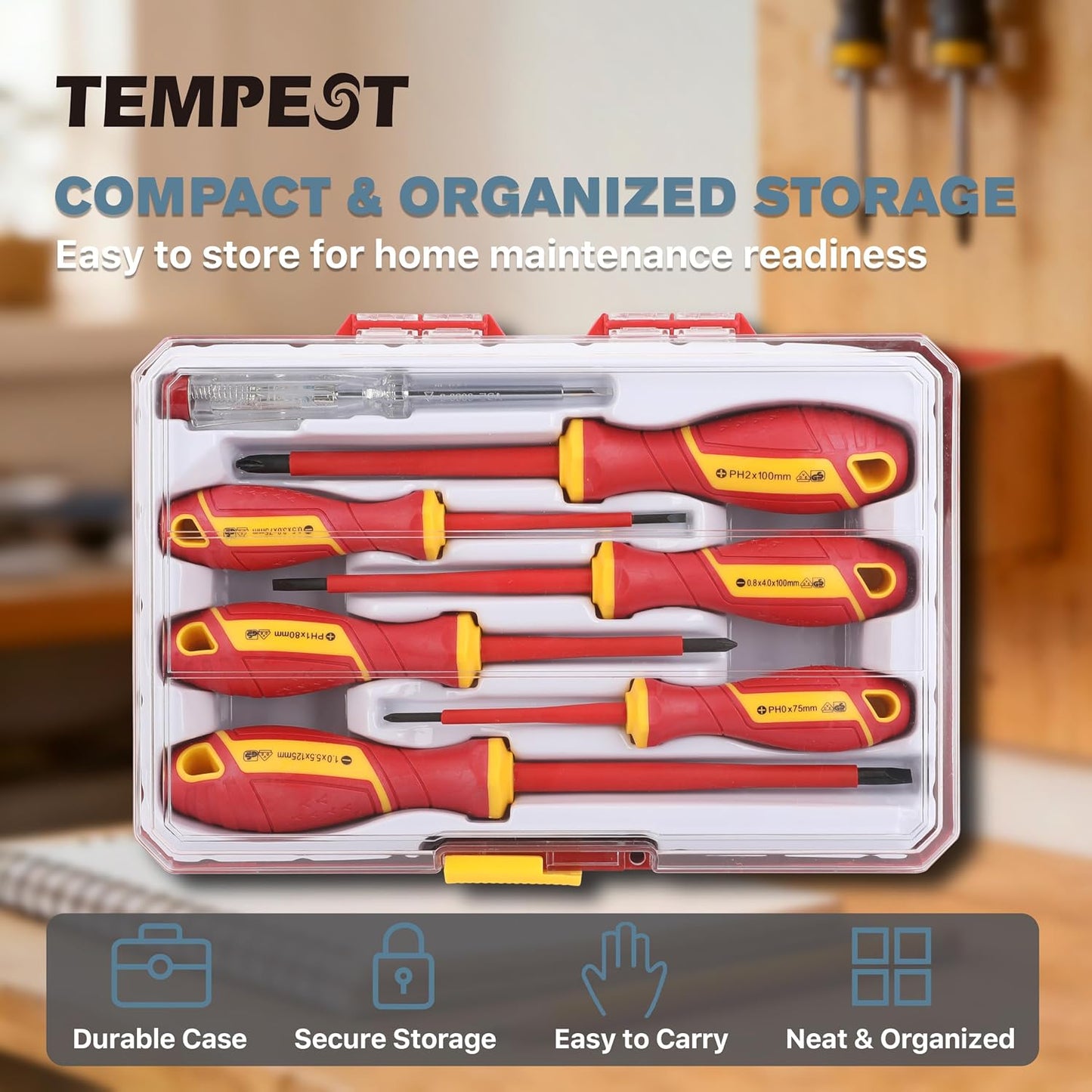 TEMPEST 7 Piece VDE Insulated Screwdriver Set, 1000V Electrical Safety Kit with Voltage Tester, Ergonomic Anti-Slip Handle for Home Wiring, Outlet Repair & Appliance Fixes