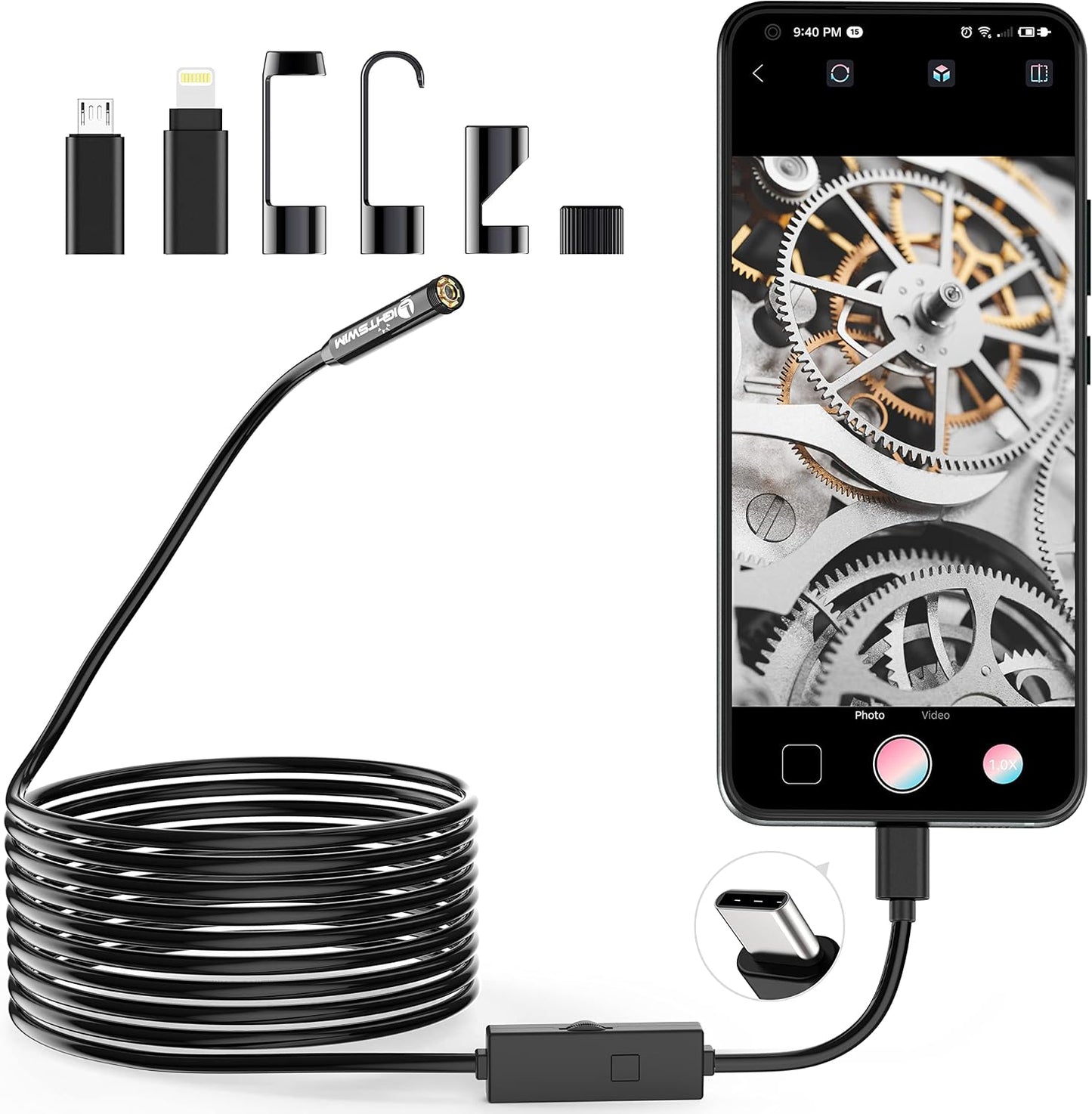 1920P Endoscope Snake Inspection Camera, Type C Borescope, Scope Camera with 8 LED Lights for Android and iOS Smartphone, iPhone, iPad, Samsung (16.5 FT/5M)