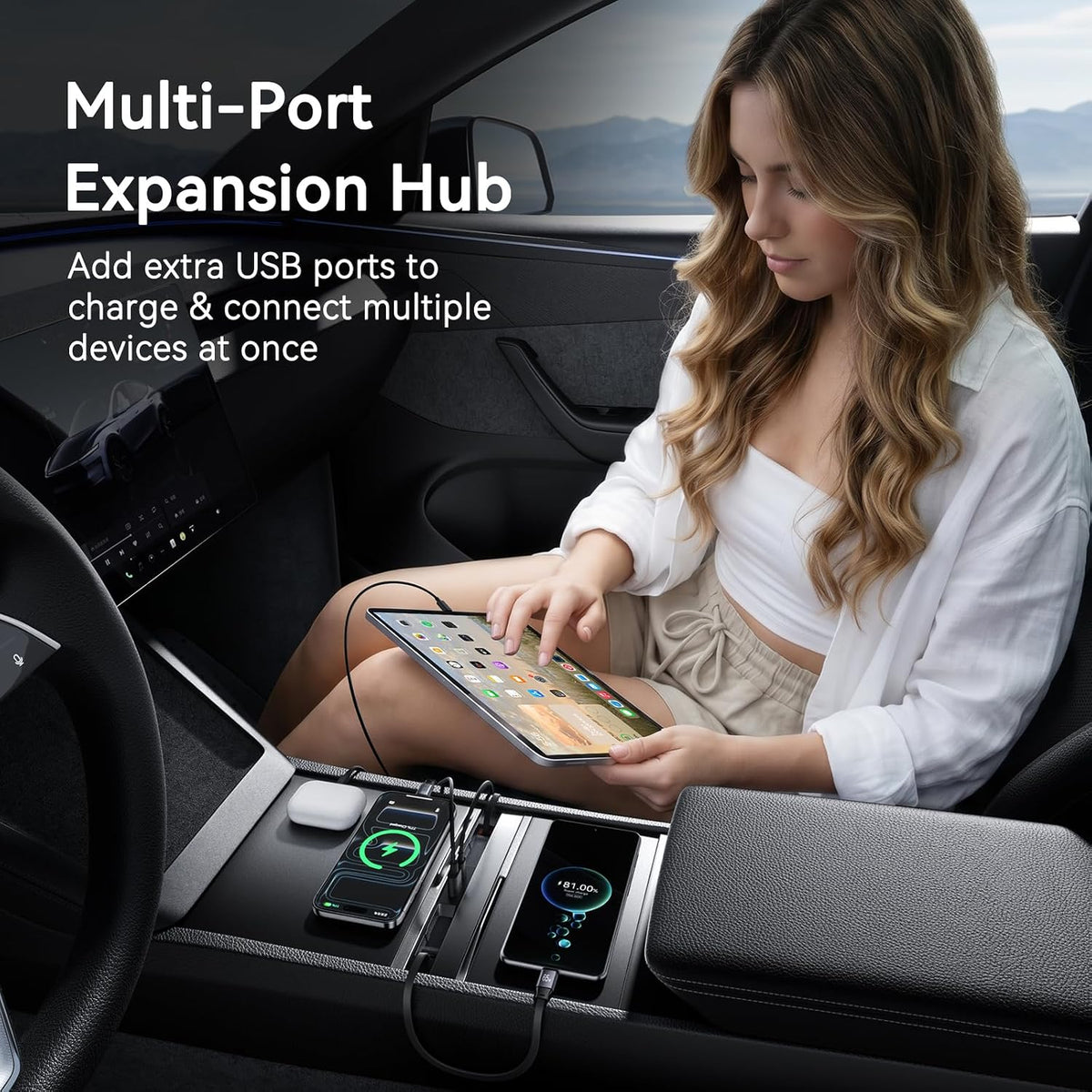 USB Hub for Tesla Model Y 2025-2026 and Model 3 2024-2026, Center Console Docking Station with Dual Retractable Charging Cables, USB-A and USB-C Fast Charging Ports, Tesla Accessories