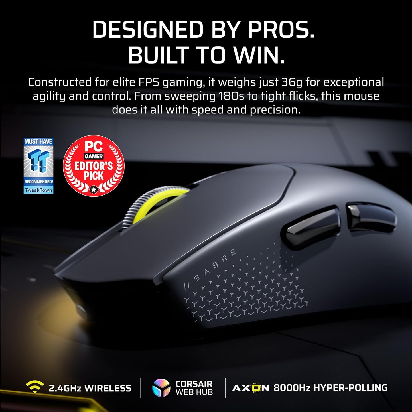 Corsair Sabre v2 PRO Ultralight FPS Wireless Gaming Mouse – 33,000 DPI, 36g Weight, 8,000Hz Hyper-Polling, Mechanical Switches, Up to 70-Hour Wireless Battery Life, Web Hub – Black