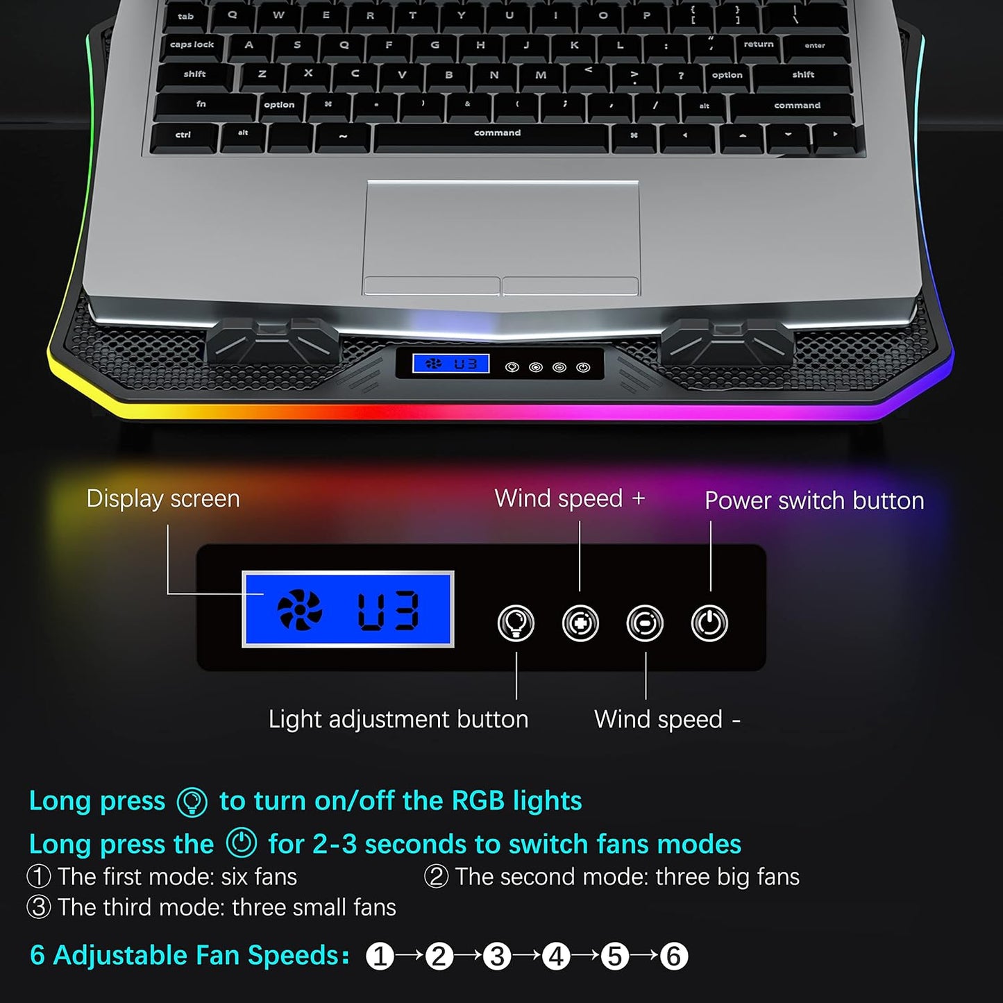 TopMate C12 Laptop Cooling Pad RGB Gaming Notebook Cooler for Desk and Lap Use, Laptop Fan Stand 8 Adjustable Heights with 6 Quiet Fans and Phone Holder, for 15.6-17.3 Inch Laptops-Ice Blue LED Light