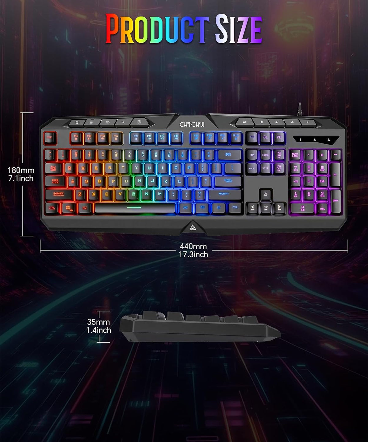 Light Up Gaming Keyboard Wired for PC PS5 Computer, USB Plug & Play, Quiet | 19-Key Anti-Ghosting, 12 Multimedia Keys, 114 Membrane Keys, Waterproof, Rainbow LED, Mechanical Feeling for Windows Gamer