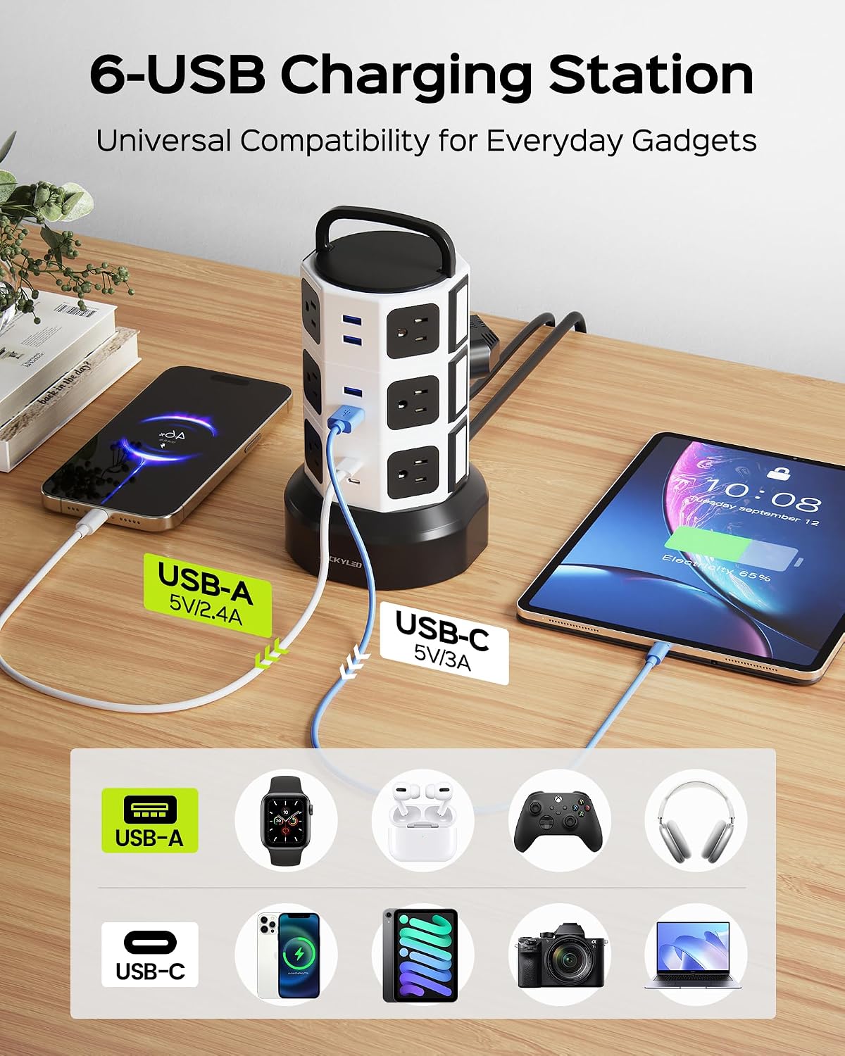 JACKYLED Power Strip Tower Surge Protector, 12 AC 6 USB (2 USB C), 1050J | Retractable Extension Cord with Multiple Outlets, 1625W/13A Outlet Extender, USB Charging Station for Home Office Dorm
