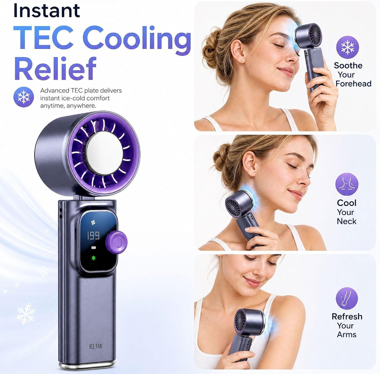 Portable Handheld Fan with Ice Cooling Personal Rechargeable Mini Neck Fan | 199-Speed 20000RPM 4000mAh Battery Powered up to 15hrs, LED Display Foldable & Hangable for Travel, Camping & Outdoor, Purple