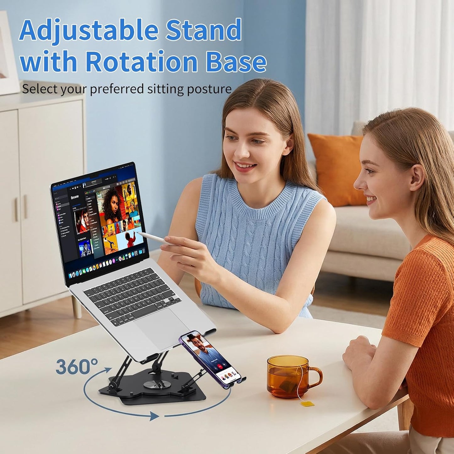 Laptop Cooling Pad with Detachable Fan & Cooler, 2-in-1 Laptop & Phone Stand, Adjustable Angle, 360° Rotatable Base, Carbon Steel, Ultra-Quiet & Super Sturdy for Laptop (Black)