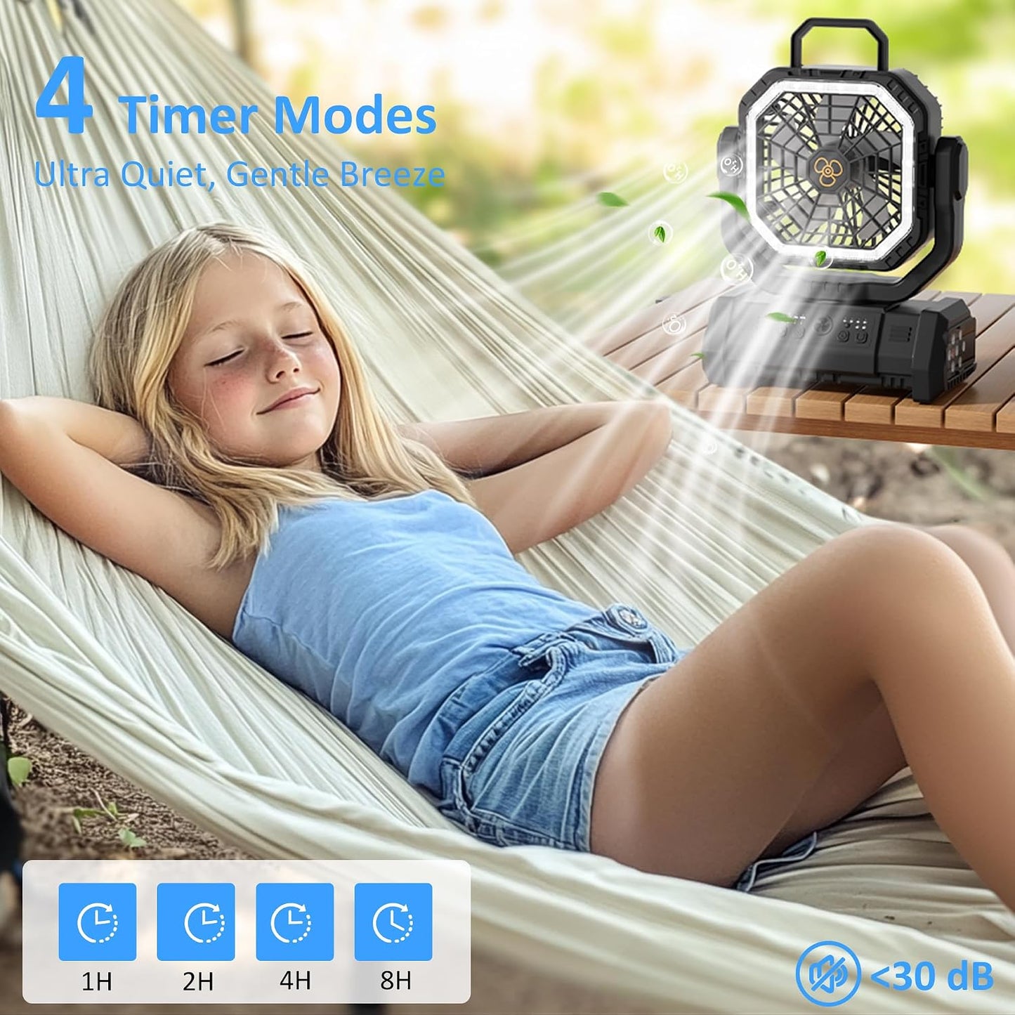 Honesorn 20000mAh Camping Fan Rechargeable with LED & Light Remote, Black | Up to 60H Runtime, 45°/90°Oscillating, Hanging Hook, 4 Speeds, 8H Timer, USB-C Charging, for Camping, Tent, Travel, Outdoor