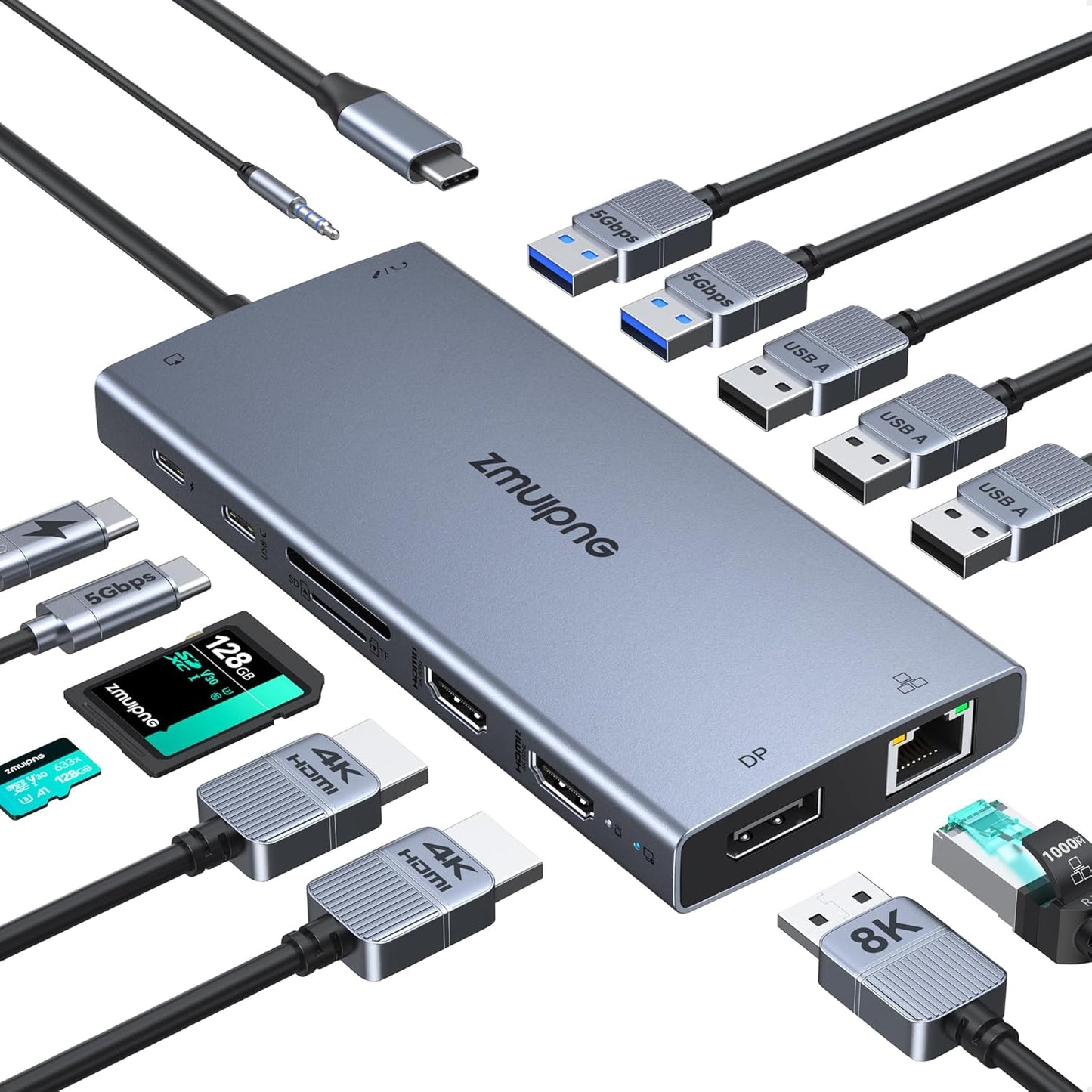 USB C Docking Station Dual Monitor Laptop Docking Station with 2 HDMI DP 8K | 15 in 1 Docking Station 3 Monitors with 100W PD 6 USB A/C Ports Button USB C Hub Multiport Adapter for Dell HP Windows Laptop