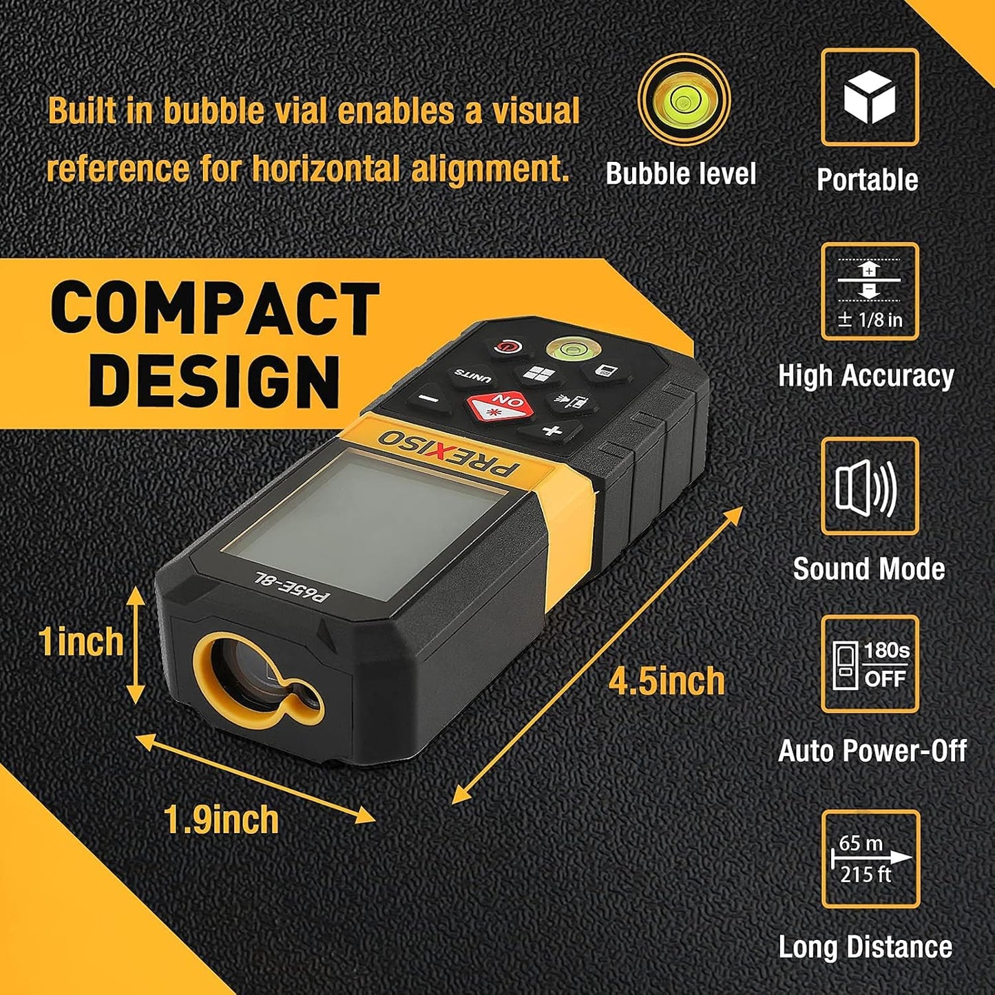 PREXISO Laser Measure, 215Ft Laser Measurement Tool with Diagonal Measuring | Medidor Laser Distance Meter Ft/Ft+in/in/M Units - Pythagorean Mode, Area, Volume -100 Sets Data Storage
