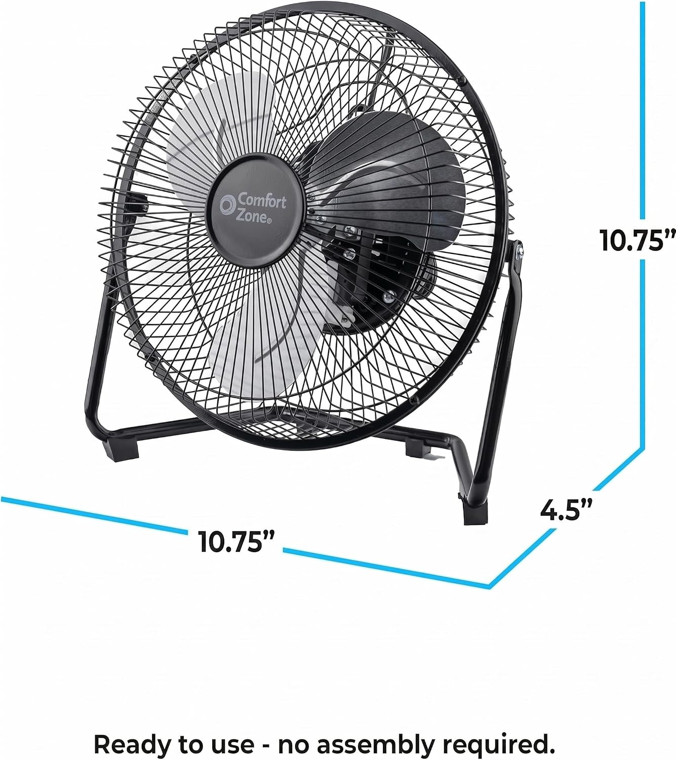 Comfort Zone 9 inch Cradle Fan, 3 Speed Floor or Table Fan with180 Degree Tilt, Metal Construction and Aluminum Blades, Carry Handle, Rubber Feet, Ideal for Bedroom, Workshop, or Garage, Black