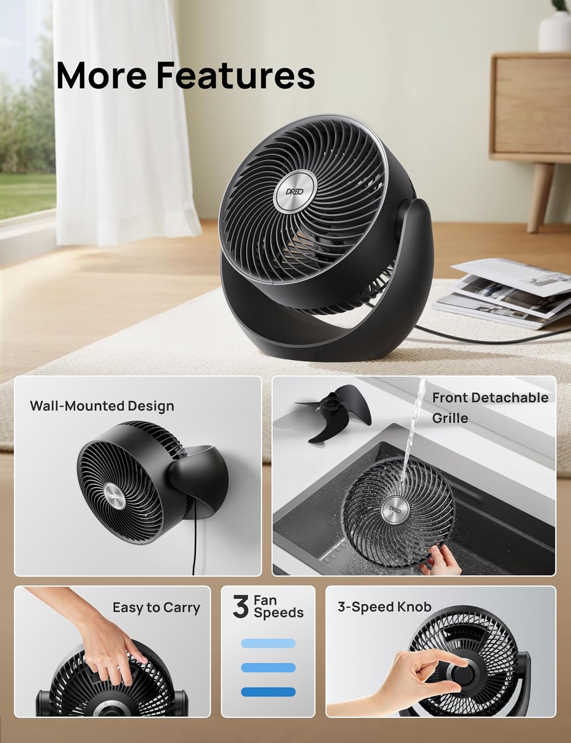 DREO Fan for Bedroom, Table Air Circulator for Whole Room, 11 Inch, 60ft Strong Airflow, 120° adjustable tilt, 20db Low Noise, Quiet, 3 Speeds, Desk Fan for Home,Office, Kitchen