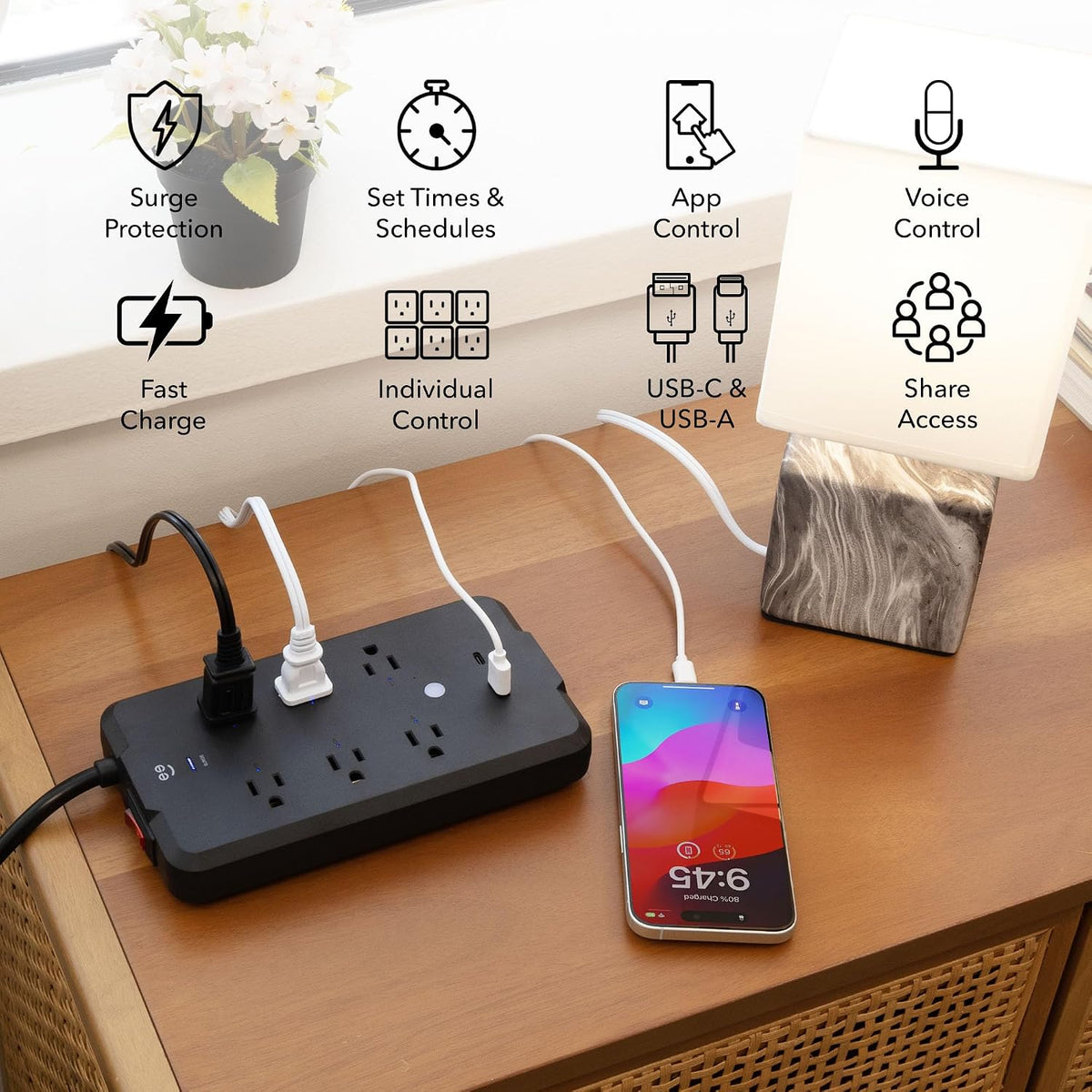Geeni Smart Plug Power Strip, 6 Outlets & 2 USB Ports, Surge, 6 ft., Black