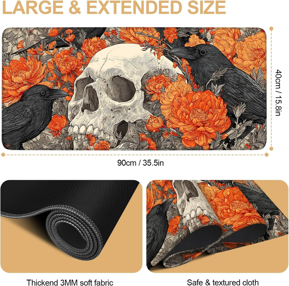 Mouse Pad Desk Mat for Desktop, Large 35.43" x 15.75" Extended Gaming Mousepad with Skull and Raven Design, Waterproof Non-Slip Rubber Base, Computer Laptop Desk Accessories for Women Men Home Office