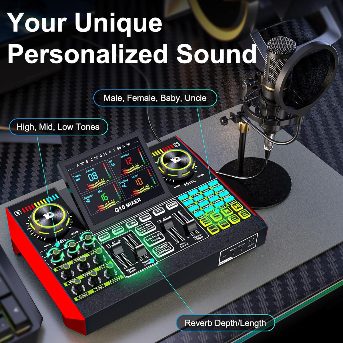 Podcast Microphone Bundle with Live Sound Card Audio Mixer, Podcast Equipment Bundle with 3.5mm Condenser Microphone for Pc/Phone Live Streaming Singing Gaming, Sound Board with Voice Changer, Denoise