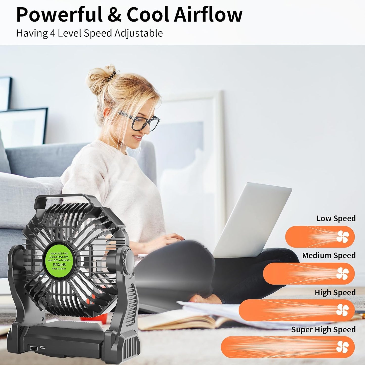 Rechargeable Portable Camping Fan for Tent with LED Light, 20000mAh USB Personal Battery Powered Fan Outdoor Camping Essentials Battery Operated Portable for Travel Beach Essentials X23 Black
