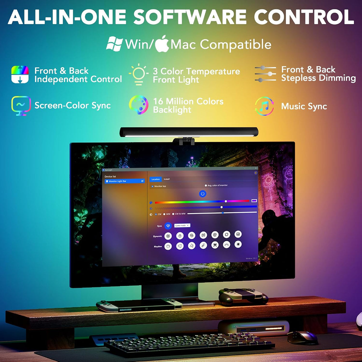 Smart Monitor Light Bar with RGB Backlight, Software-Controlled Display Color & Music Sync, LED Desk Lamp，Monitor Light for Gaming/Work with 16M Colors & 18 Modes – 16"