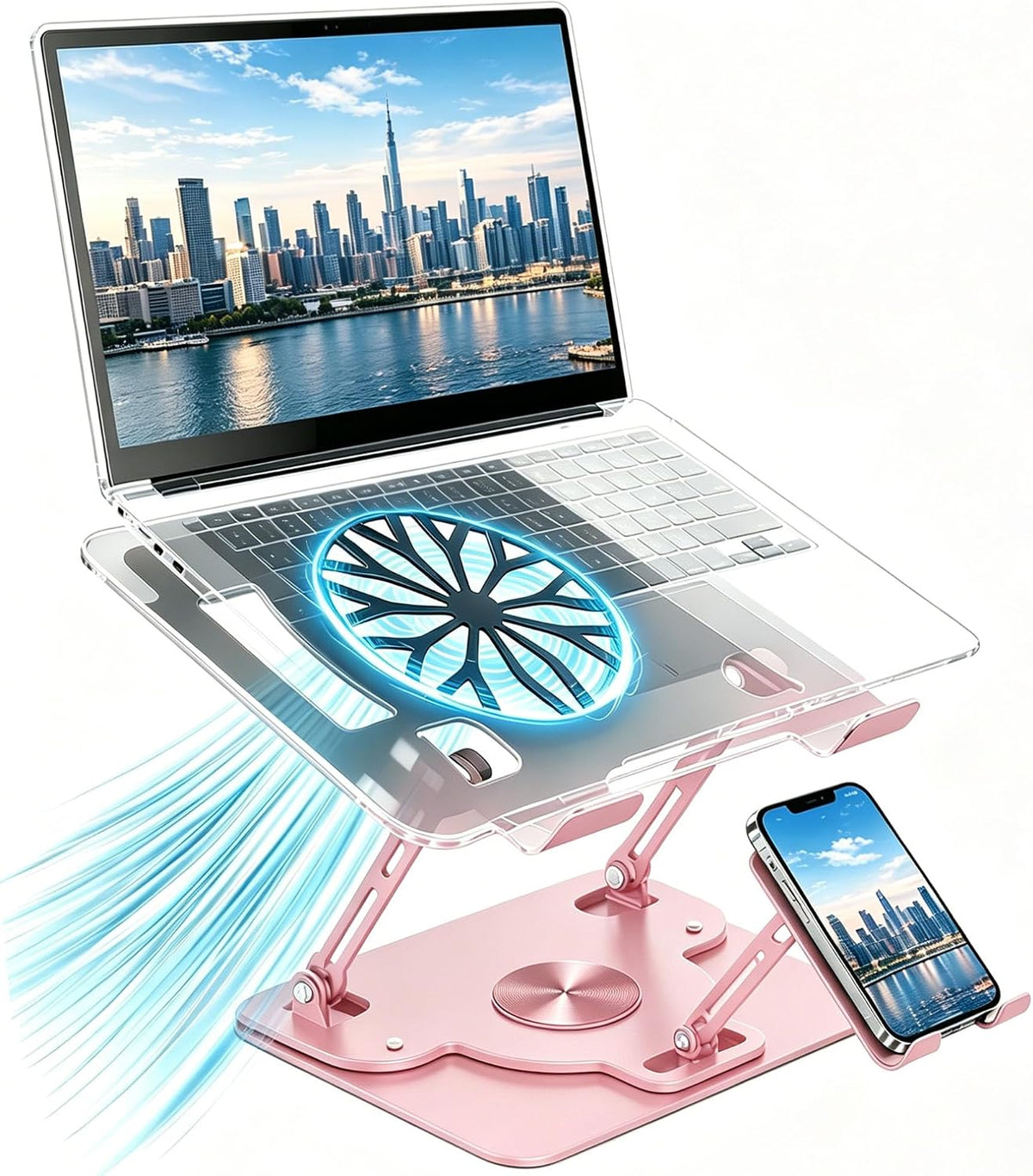 Laptop Stand for Desk with Quiet Cooling Fans - 2-in-1 Rotating Base with Phone Holder, Ergonomic Computer Stand, Aluminum Laptop Riser Foldable for Office Home fits MacBook Air Pro, Dell, HP (silver)