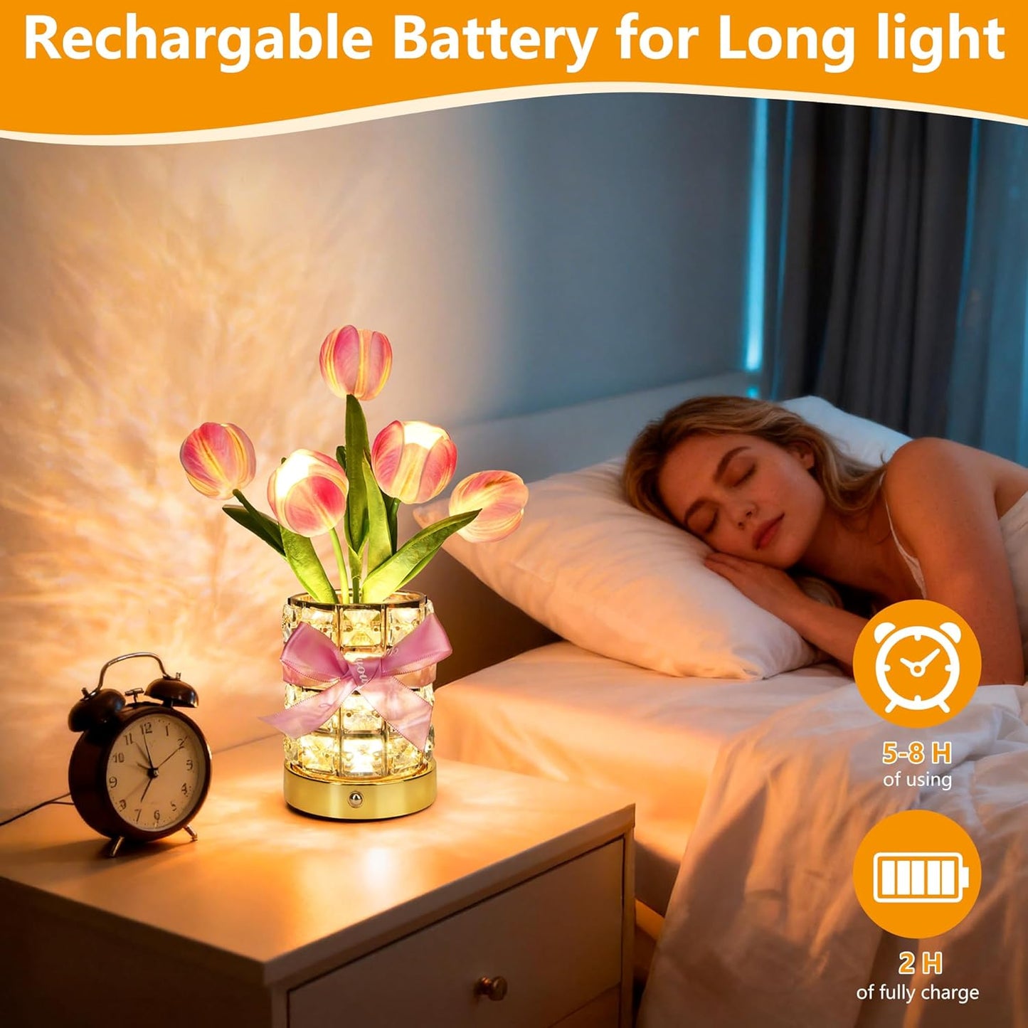 Handmade Flower Lamp,Rechargeable Cordless Touch Table Lamp,3-Colour Infinitely Dimming Small Night Light,Festival Restaurant Bedroom Bar Coffee Shop Birthday Gifts for Women Mom, Tulip Flower