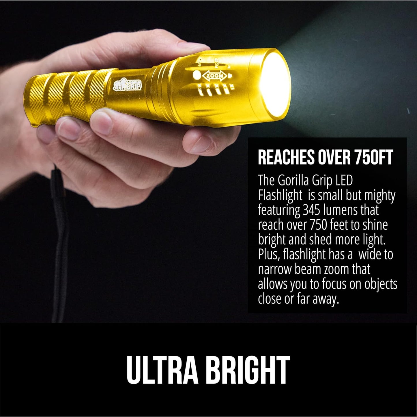 GORILLA GRIP Powerful LED Handheld Tactical Flashlight, 750 FT High Lumens 5 Adjustable Modes, Water Resistant, Ultra Bright Zoom Flashlights, Small Mini, Camping, Night Dog Walking, Gold