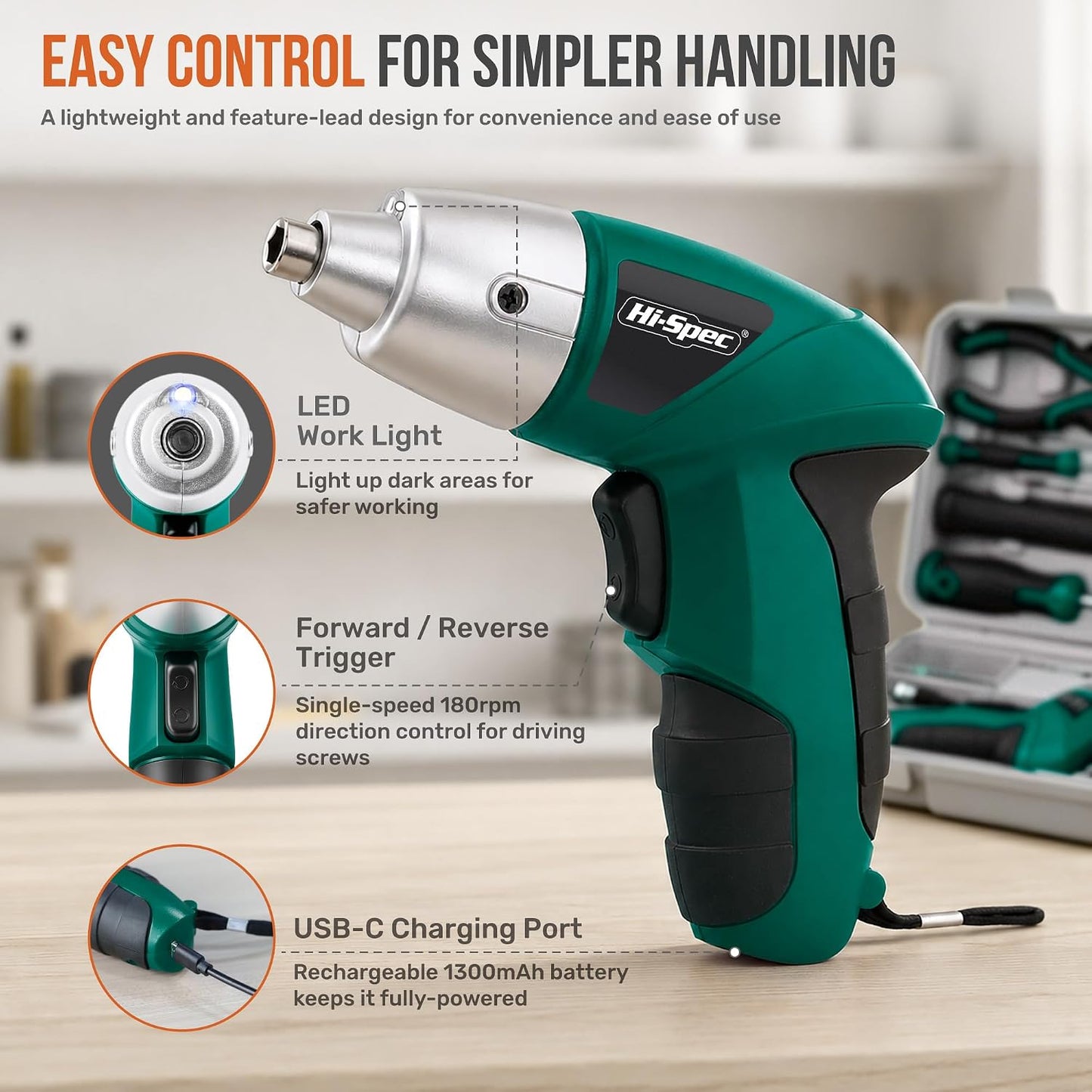 Hi-Spec 4V USB Electric Screwdriver Tool Kit for Home Repairs, Green | 42pc, fast assembly help, common screw bit selection, LED visibility, compact grip, quick household fixes, organized storage