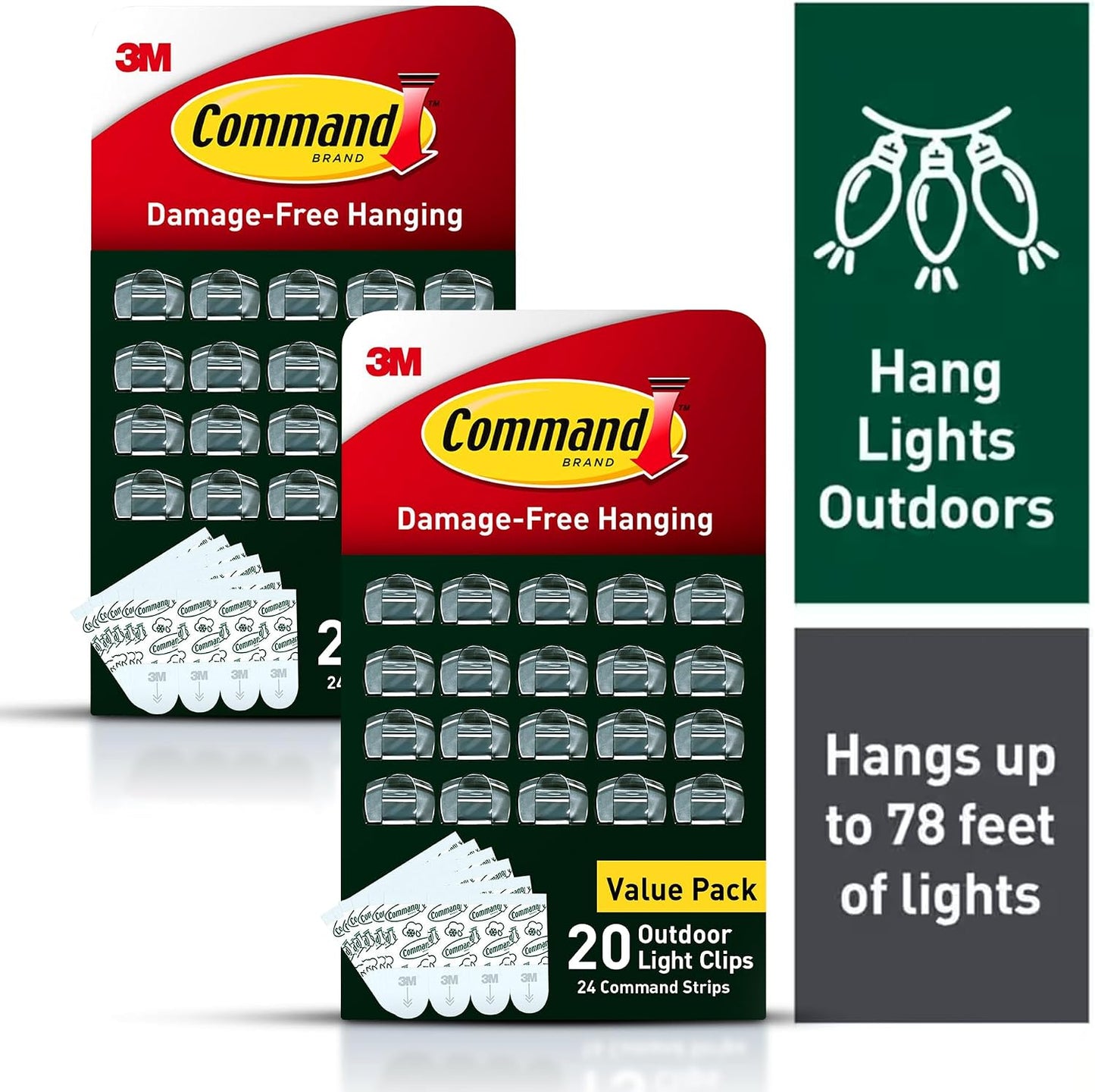Command Outdoor Light Clips, 40 Clear and 48 Strips, Damage Free Hanging with Weather Resistant Strips, Wall Clips for Hanging Outdoor Lights and Cable Management