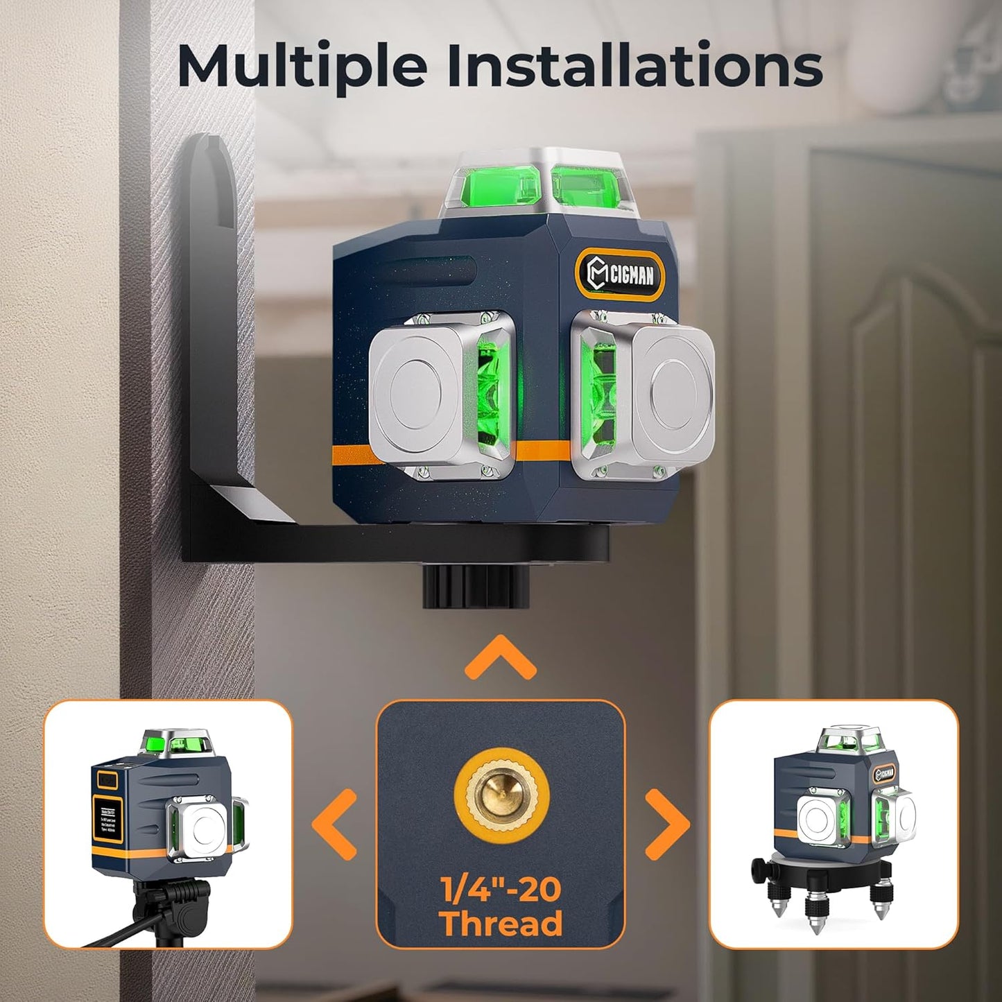 Laser Level Self Leveling 3x360° for Picture Hanging & Construction | Green Lazer Leveler Tool, High Accuracy & Visibility, Remote Control, Rechargeable, Strong Magnetic Bracket, for DIY Projects