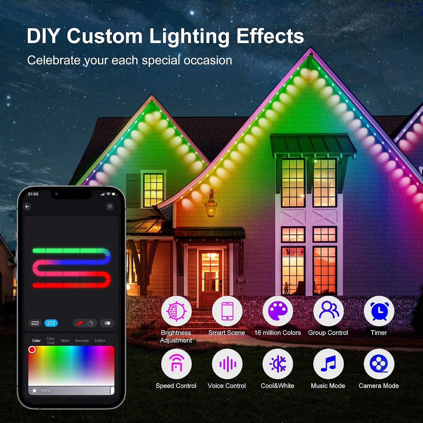 Permanent Outdoor Lights, 100ft RGB Outdoor Christmas Lights with 72 LED Lights, IP67 Waterproof LED Eaves Lights with DIY Scene Modes for Halloween Decor, Smart APP & Remote Control