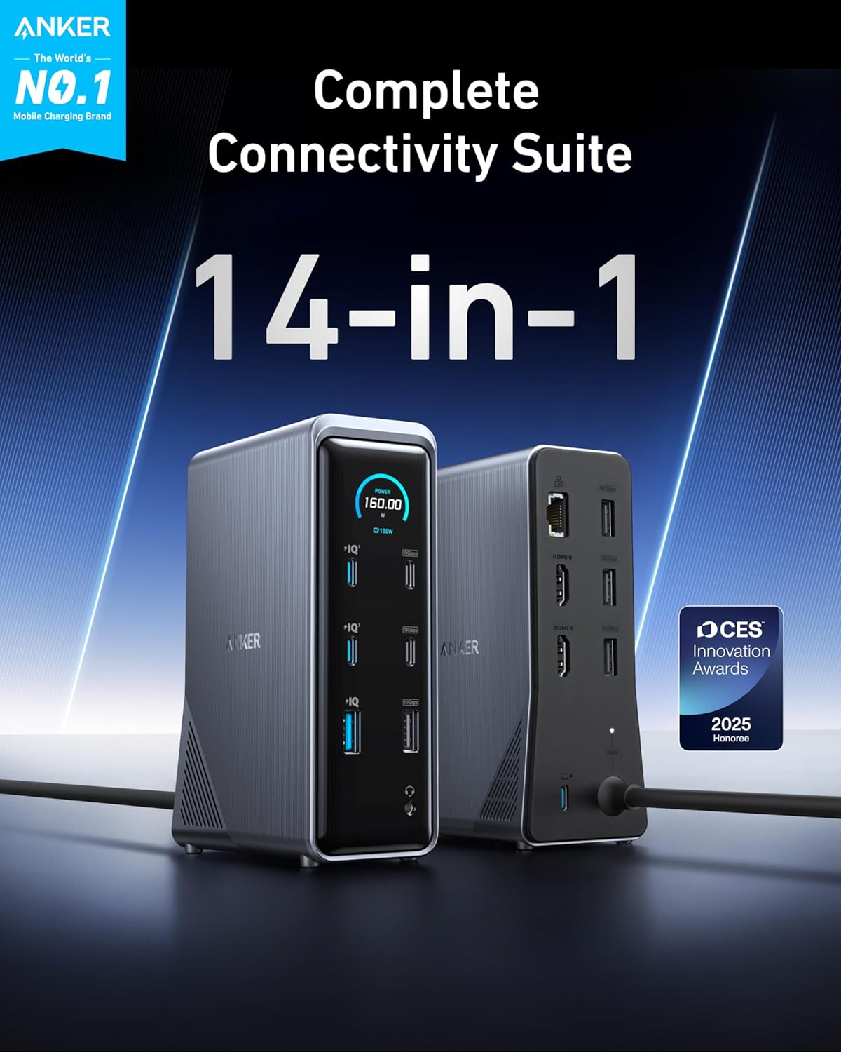 Anker Prime Docking Station, 14-in-1 Laptop Docking Station Dual Monitor | Dual 4K HDMI, 160W Max Output, 10Gbps Data Transfer, Smart Interface, Audio and Ethernet Ports for Dell, HP, Lenovo and More