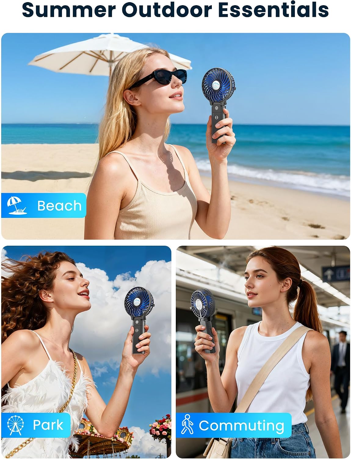 HandFan 5200mAh Portable Handheld Fan Rechargeable - 3 Speeds Foldable Personal Cooling, 2-IN-1 Hand Held Fan Battery Operated, 20H Runtime for Disney/Travel/Summer/Concerts/Women (Black&Blue)