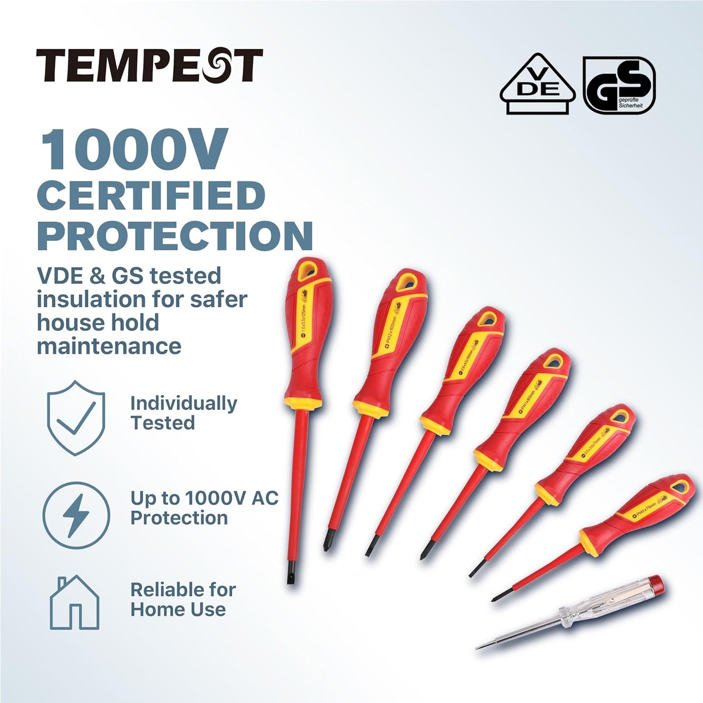 TEMPEST 7 Piece VDE Insulated Screwdriver Set, 1000V Electrical Safety Kit with Voltage Tester, Ergonomic Anti-Slip Handle for Home Wiring, Outlet Repair & Appliance Fixes