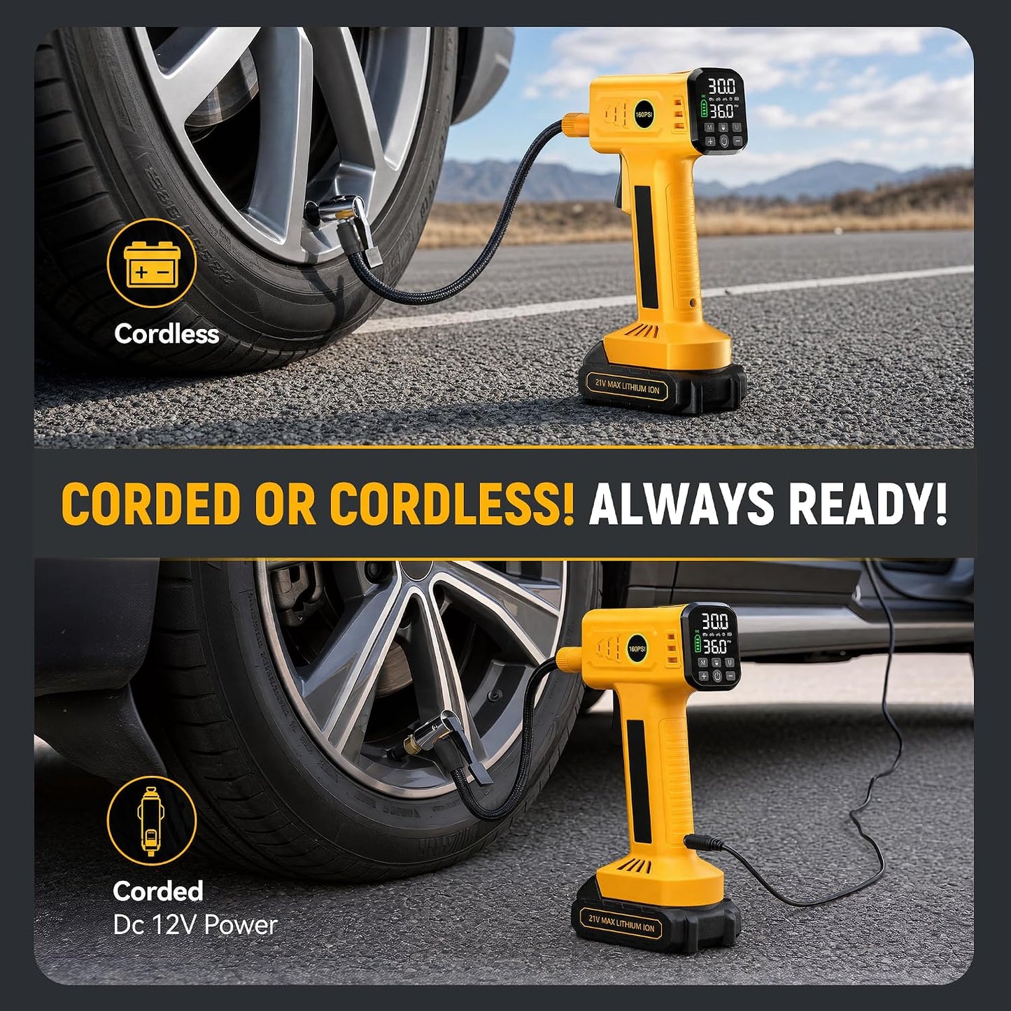 Tire Inflator Portable Air Compressor, Cordless Tire Inflator & DC | Fast Inflation, Rechargeable Battery, Auto Shut-Off, Digital Pressure Gauge, Air Pump for Car, SUV, Motorcycle, Bike, Ball