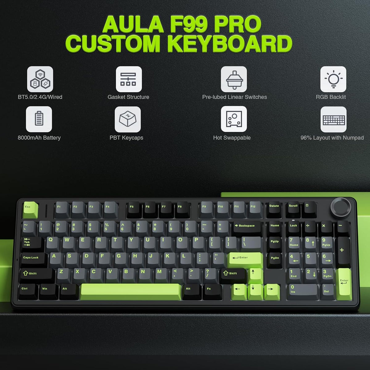 AULA F99 Pro Wireless Mechanical Keyboard with Knob,Creamy Sound,Tri-Mode BT5.0/USB-C/2.4GHz Hot Swappable Keyboard,Gasket Structure,RGB Backlit Computer Gaming Keyboards