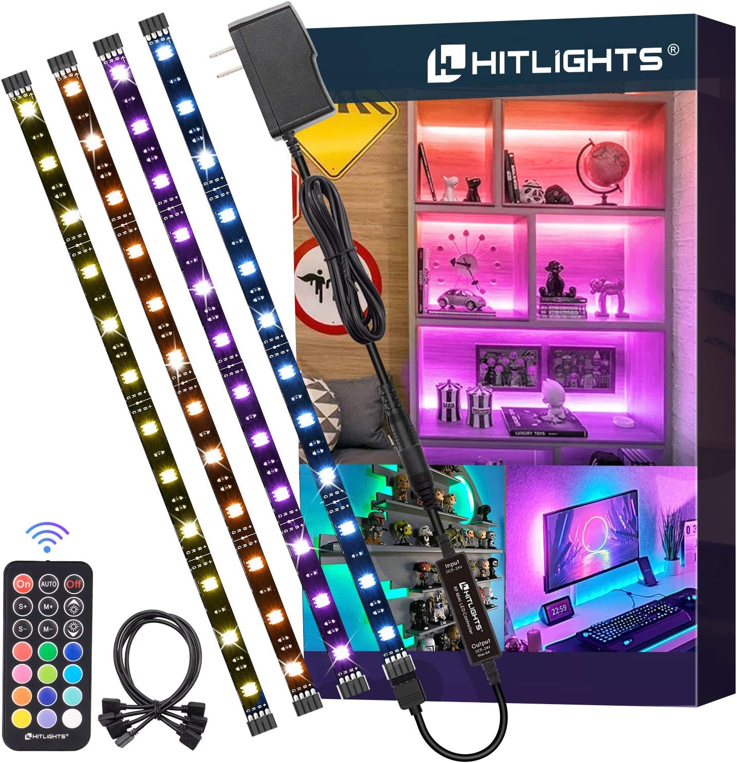 HitLights LED Strip Lights Kit, RGB Color Changing Tape Light Pre-Cut 4FT | UL Listed with RF Remote 12V Power Supply Connectors, Dimmable 12 Colors 19 Dynamic Modes for Cabinet Shelf Display Backlight