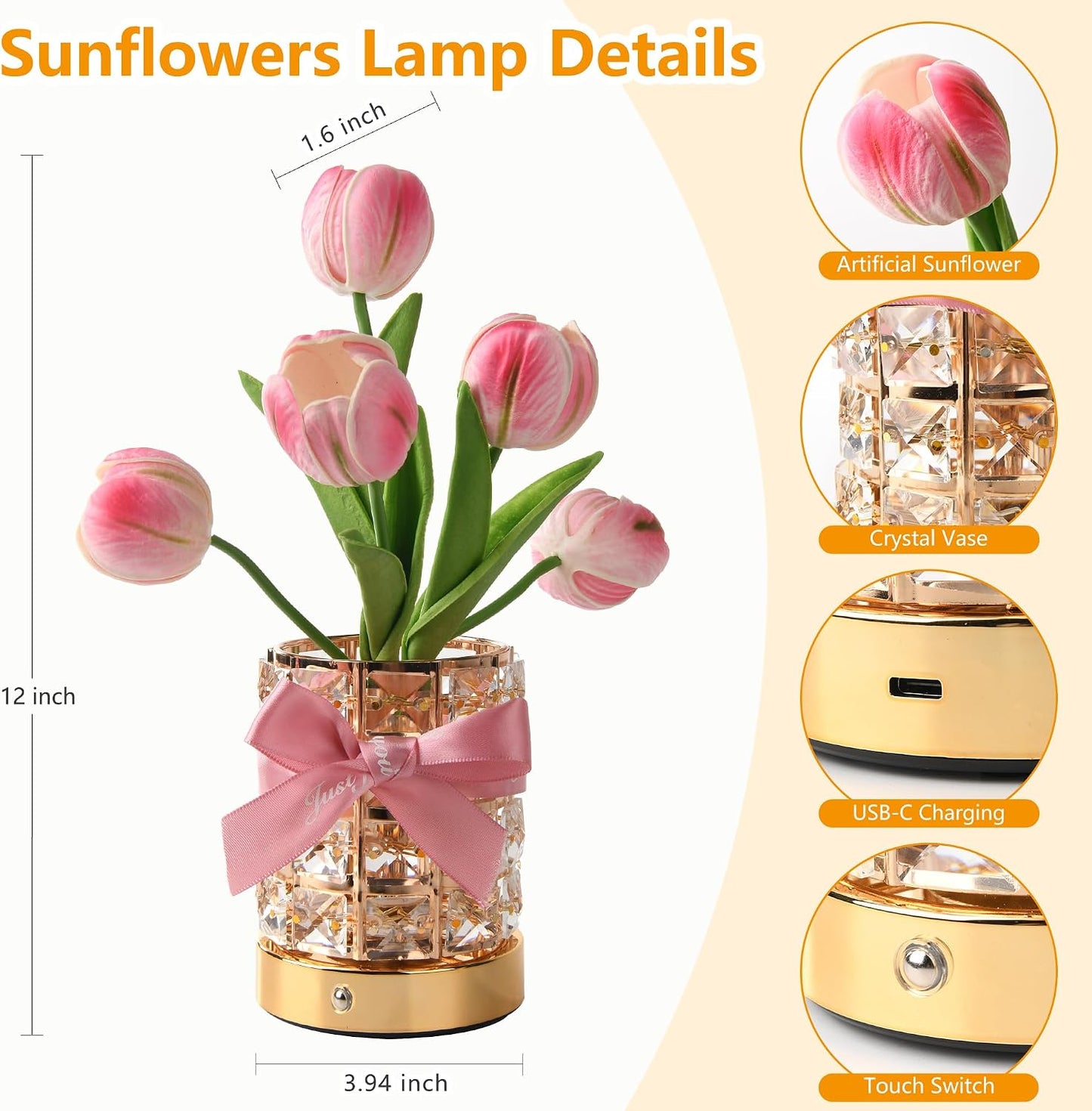 Handmade Flower Lamp,Rechargeable Cordless Touch Table Lamp,3-Colour Infinitely Dimming Small Night Light,Festival Restaurant Bedroom Bar Coffee Shop Birthday Gifts for Women Mom, Tulip Flower