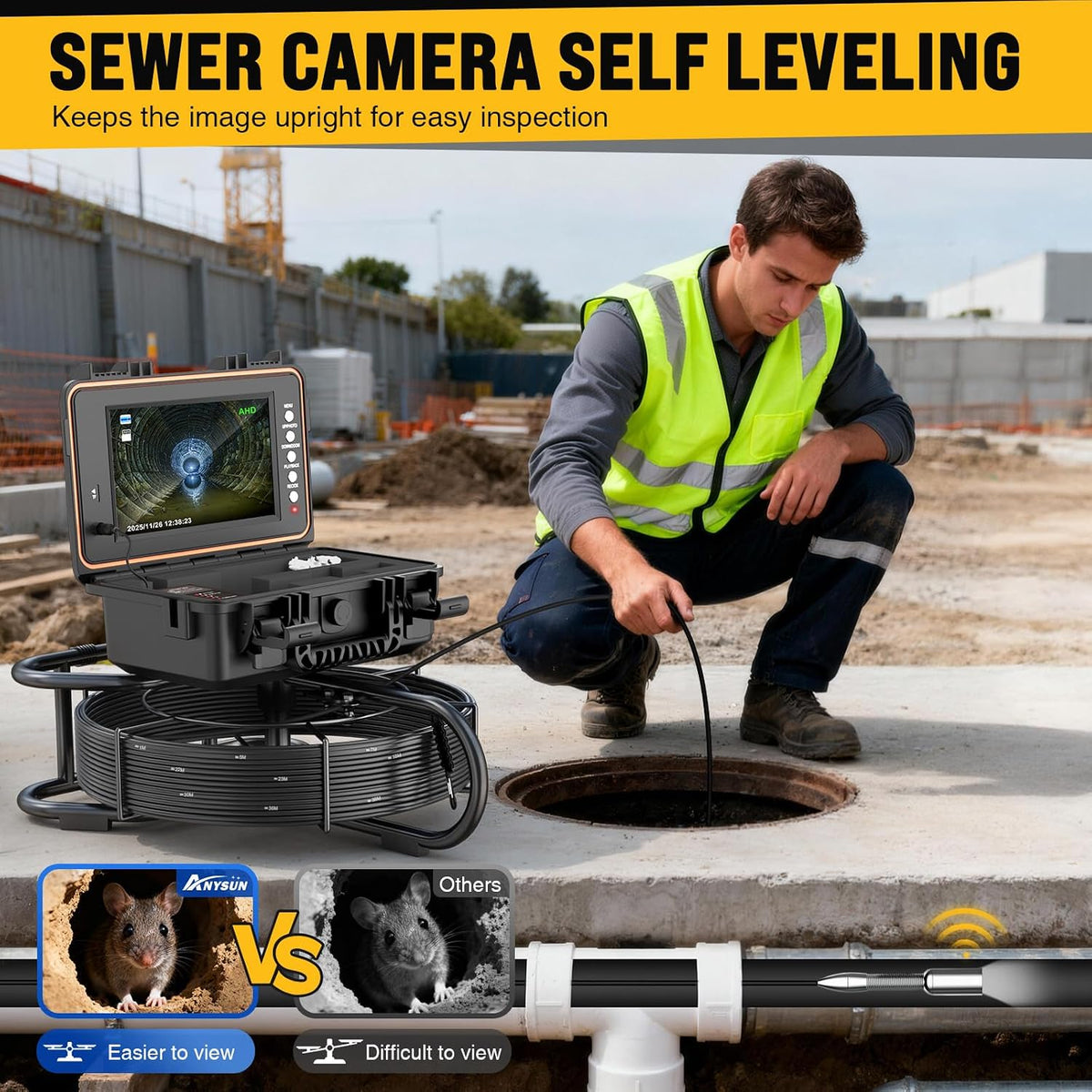 Anysun Sewer Camera Self Leveling 100ft, Sewer Inspection Camera with Meter Marker, HD Screen, DVR, 12 Adjustable LED Lights, 7mm Cable, 5100mAh Rechargeable Battery, 32GB Card