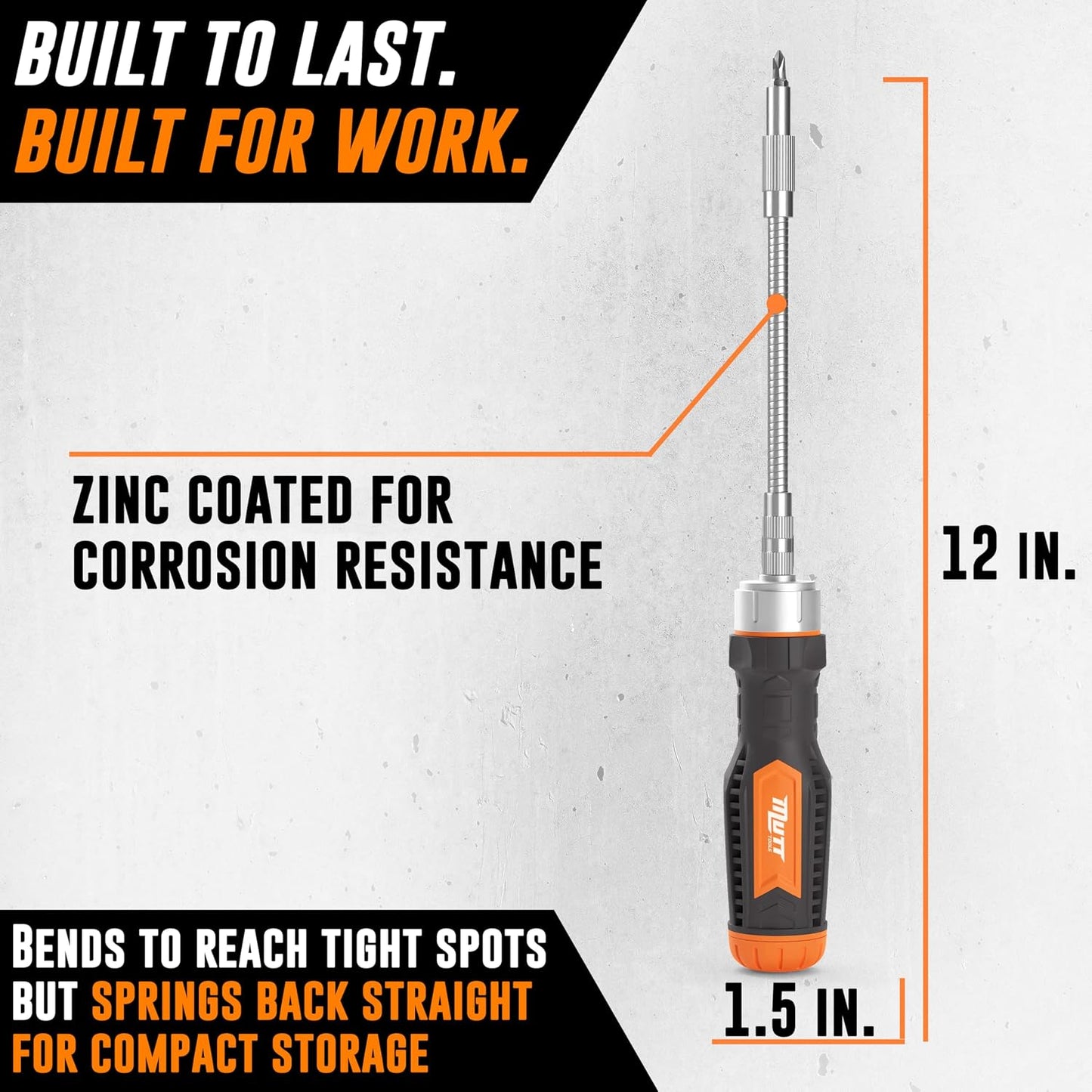 Mutt Tools Flexible Screwdriver Set 12-in-1 with Bendable Shaft & Torx Bits | 12-in-1, Flexible Shaft, 90 Degree Bend, Ratcheting, Tight Spaces