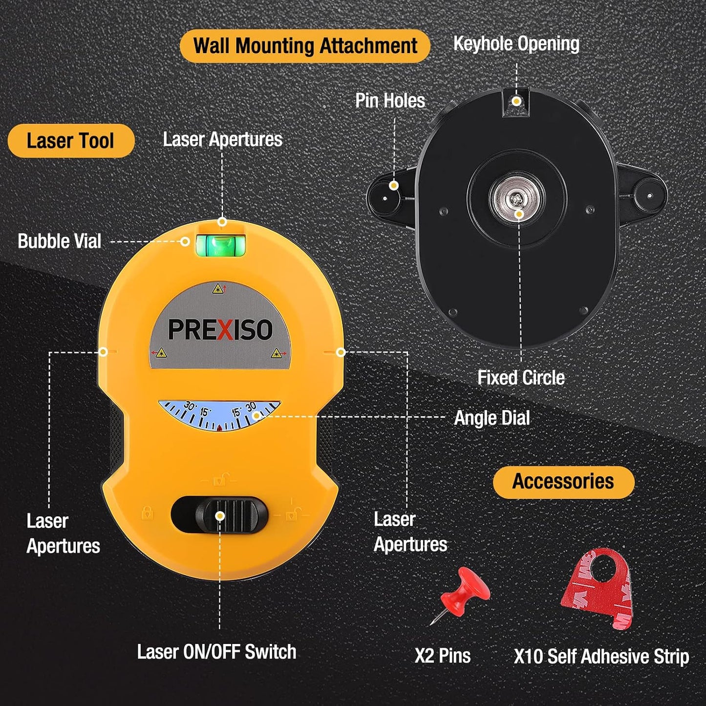 PREXISO Multi Surface Laser Level LED Light Vial, 30Ft Cross Line Laser | Clear Horizontal & Vertical Lines, Wall Mount, 2 Pins, 10 Sticker, 2 AA Batteries for Hanging Frames & Picture, Wall Marking