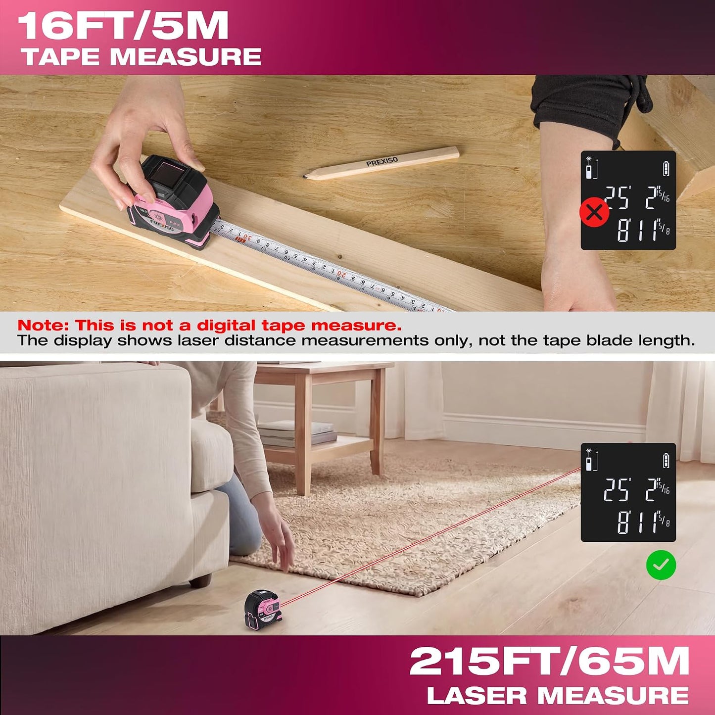 PREXISO 2-in-1 Laser Tape Measure, 215Ft Laser Measure & 16Ft Tape Measure | Laser Measuring Tool, Auto Lock & Magnetic Hook, Laser Measurement Tape, Pythagorean, Area, Volume, Ft/Ft+in/in/M NOT Digital