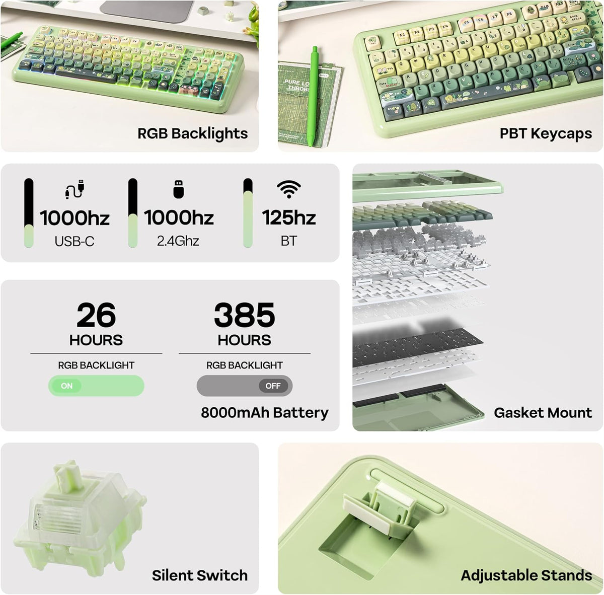 KiiBoom Phantom98 Lite 96% Wireless Mechanical Gaming Keyboard, VIA Programmable, Creamy Keyboard with Gasket, 8000mAh Battery, Hot Swap, RGB Backlits, NKRO for Win/Mac (Green, Mossy Silent Switch)