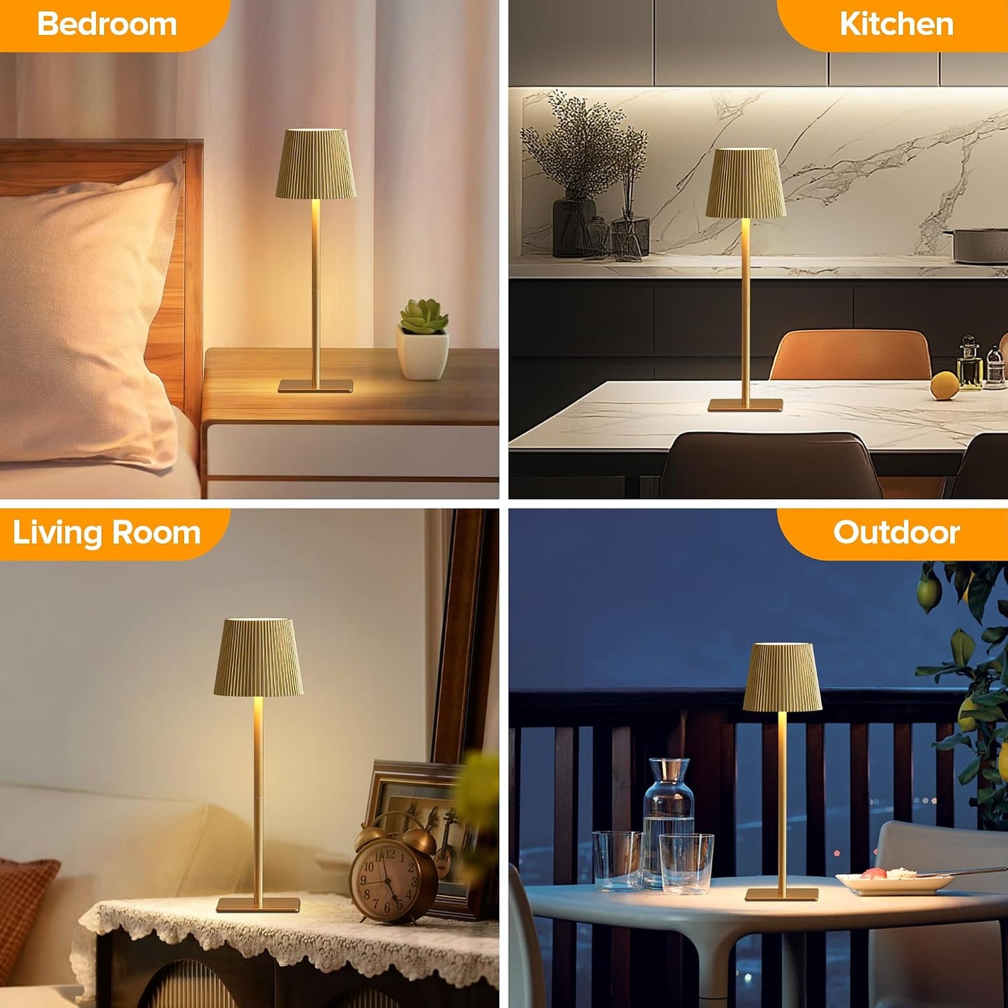 LUTEC 4 Pack Cordless Table Lamp,6000mAh Rechargeable Battery Operated Desk Lamp,Two Adjustable Heights,Waterproof, Touch Control & 3 Color Stepless Dimming for Restaurant/Bedroom/Bars/Outdoor (Gold)
