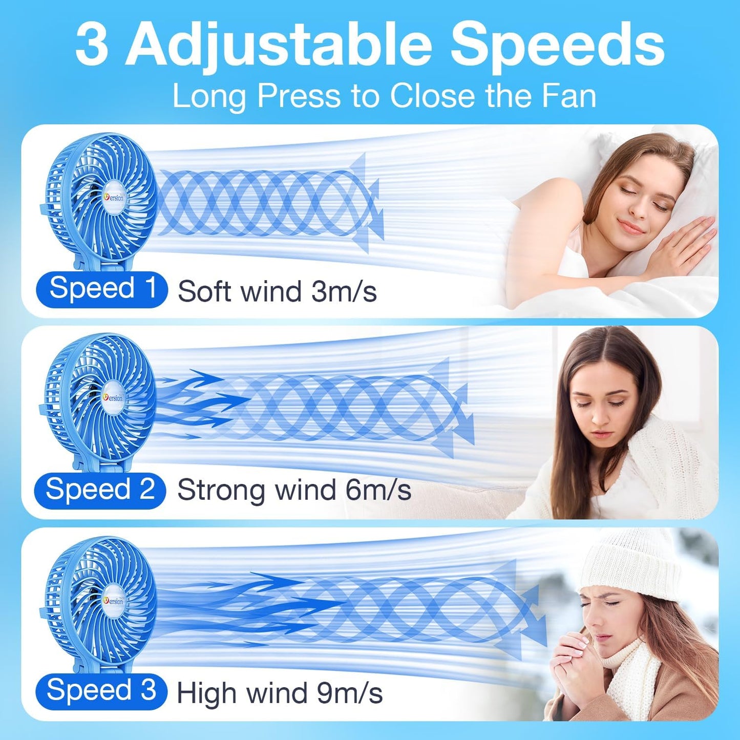 VersionTECH. Portable Handheld Fan, Powerful+Durable+180° Foldable, Mini Hand Fans with USB Rechargeable Battery Operated Cooling Accessories for Personal Use, Travel, Office Blue