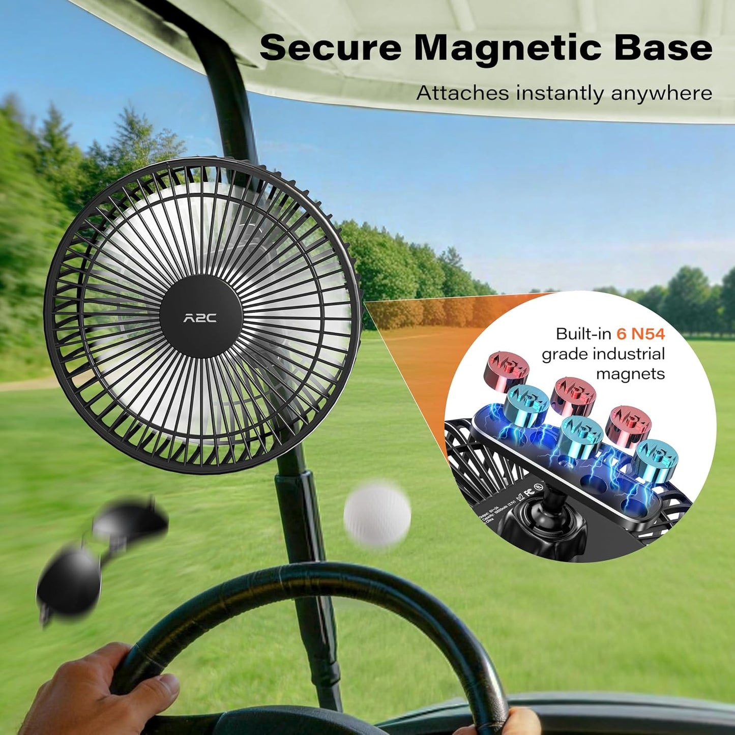 A2C Magnetic Rechargeable Fan for Golf Cart 7.5-Inch, Up to 28Hrs, 10000mAh | Battery Powered, Portable, 4 Speeds, Fits EZGO, Club Car, Yamaha Golf Cart Accessories Essentials Gifts for Men, Dad, Husband