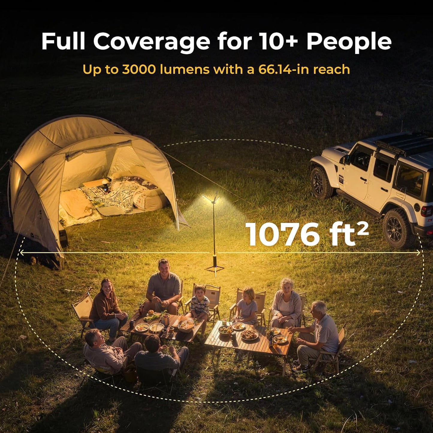 BougeRV Telescopic Camping Light T1, 15600mAh Rechargeable Lantern, Black | 5.5 ft Adjustable Height, 1000x3 Lumens, 8-102H Runtime, 270°/180° Rotation, 3 Color Modes, Honeycomb Cutout Design, Outdoor