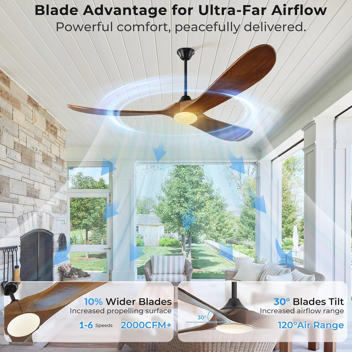 Outdoor Ceiling Fan with Light-Glass Lamp, 52 inch 3 Blade Wood Propeller Ceiling Fans with Lights and Remote Control for Patios, Exterior Damp Rated High CFM Ceiling Fans Modern Smart APP, Walnut