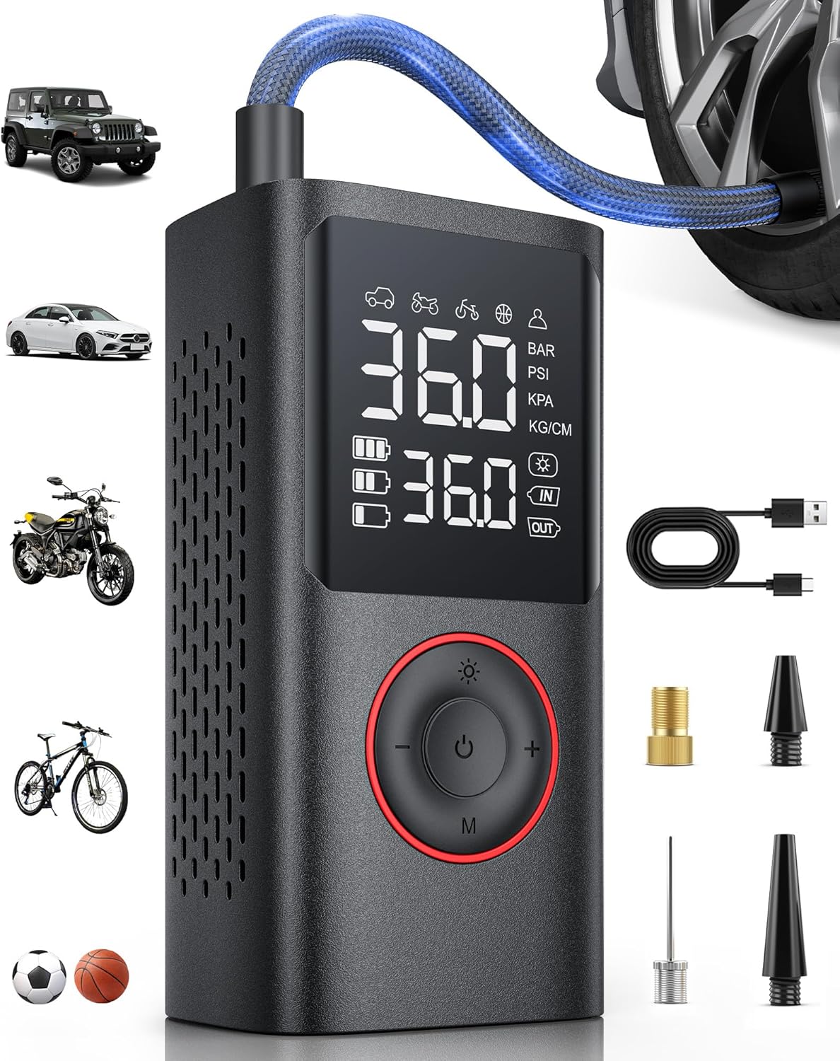 Powools Tire Inflator Portable Air Compressor, Cordless, Standard Capacity | Car Tires, Motorcycle, Bicycle, Balls, Inflatables, 150PSI, Auto Shutoff, LED Light, Black