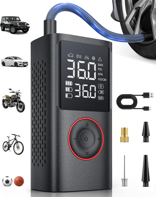 Powools Tire Inflator Portable Air Compressor, Cordless, Standard Capacity | Car Tires, Motorcycle, Bicycle, Balls, Inflatables, 150PSI, Auto Shutoff, LED Light, Black