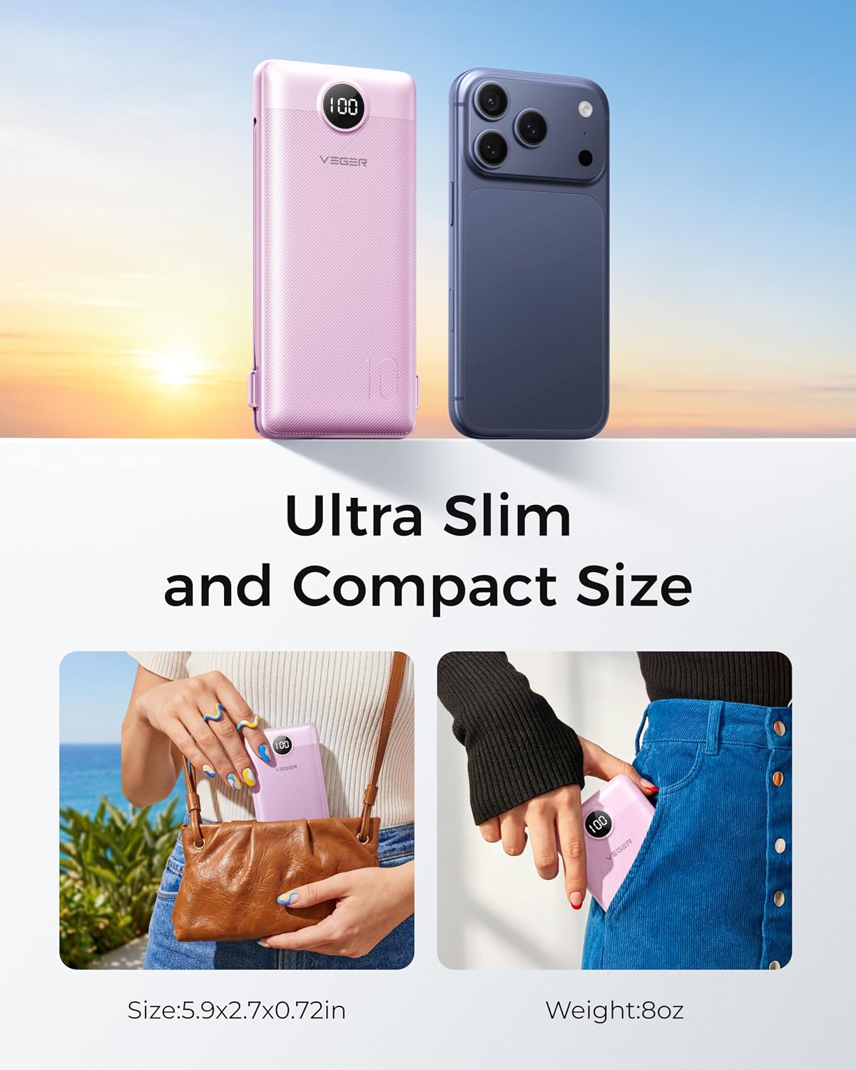 VEGER Portable Charger for iPhone, Power Bank Built in Cable and Wall Plug | 10000mAh Slim USB C Battery Pack, Travel Essentials for Camping Cruise Business Trip, Compatible with Smart Devices, Purple