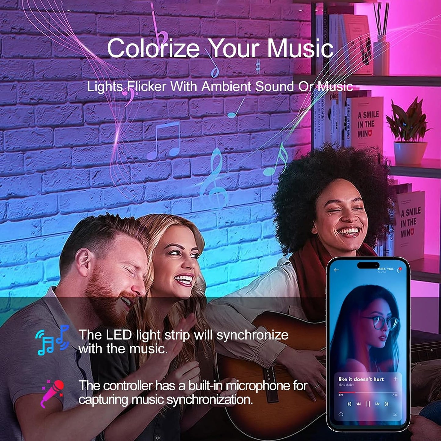100 FT LED Lights For Bedroom，With 44 Key Infrared Remote Control And Bluetooth Application Smart LED Strip Lights, Music Synchronous Color Changing Light Strip, Used For Room Kitchen Party Decoration