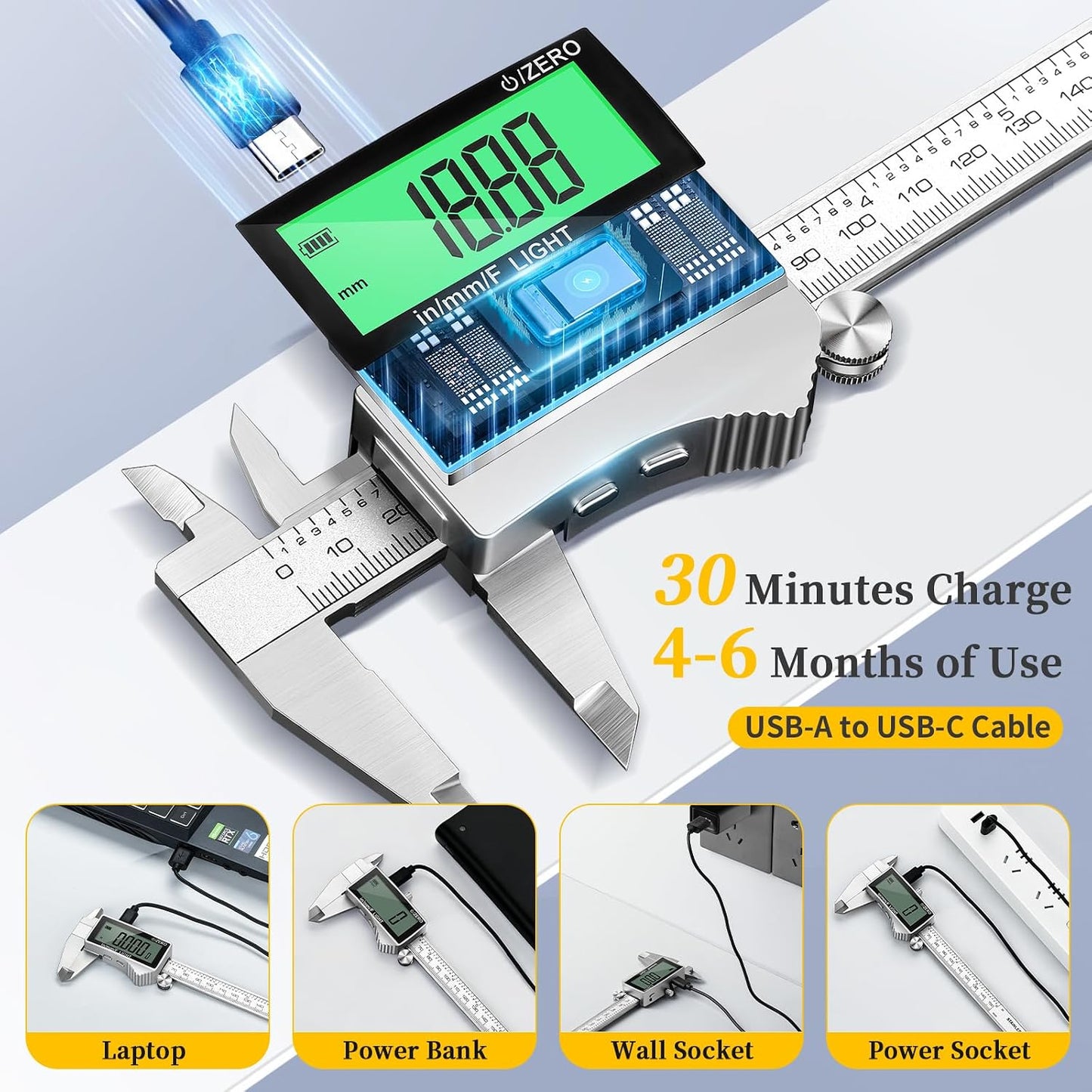 Rechargeable Digital Caliper 6 Inch, Large Backlit LCD Display, Stainless Steel Electronic Vernier Dial Calipers Measuring Tool, Inch/MM/Fraction, Auto-Off Micrometer for DIY, Household, 3D Printing