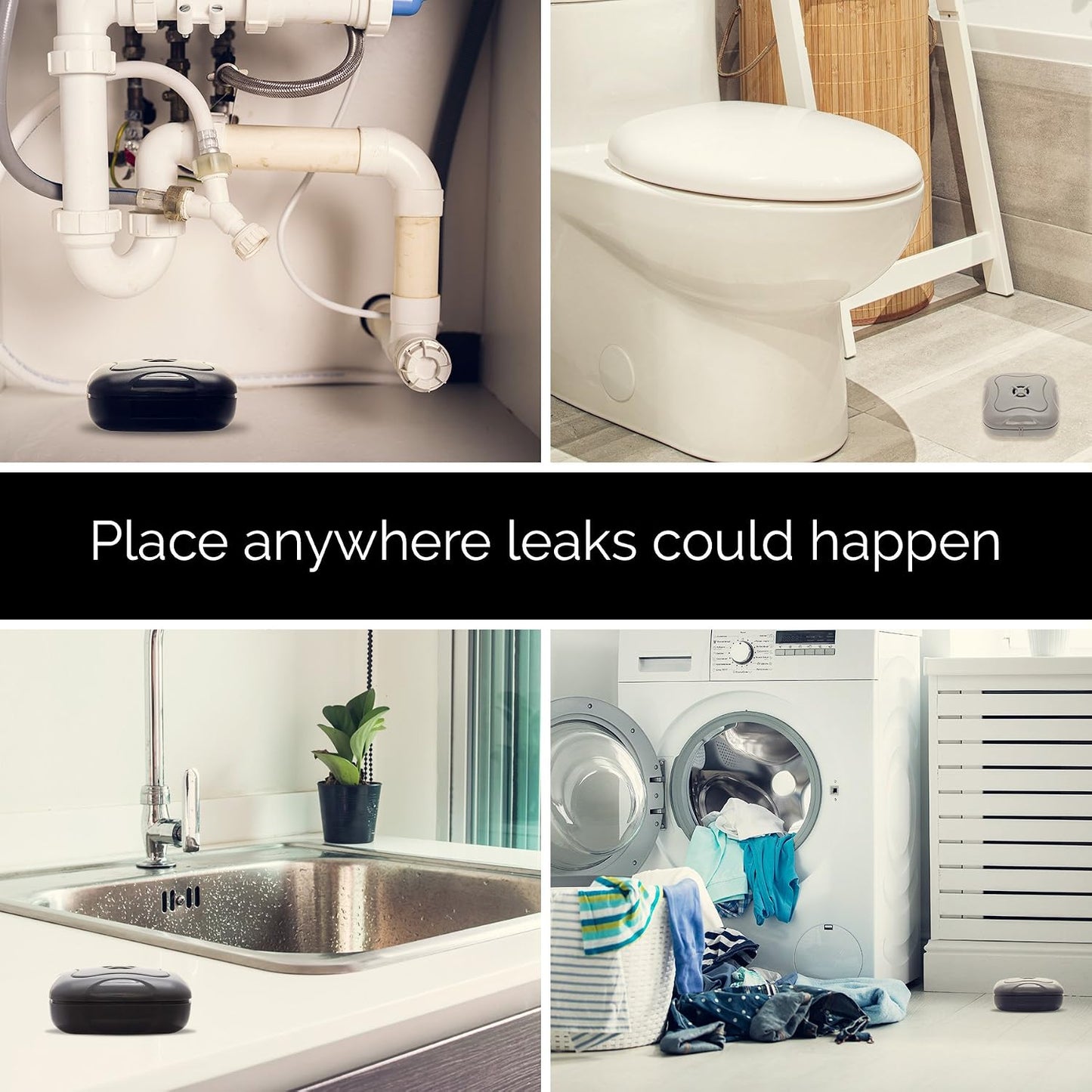 4 Pack Water Leak Detector - 95 dB Flood Detection Alarm Sensor for Bathrooms, Basements, Laundry Rooms, Garages, Attics and Kitchens by Mindful Design (Grey)