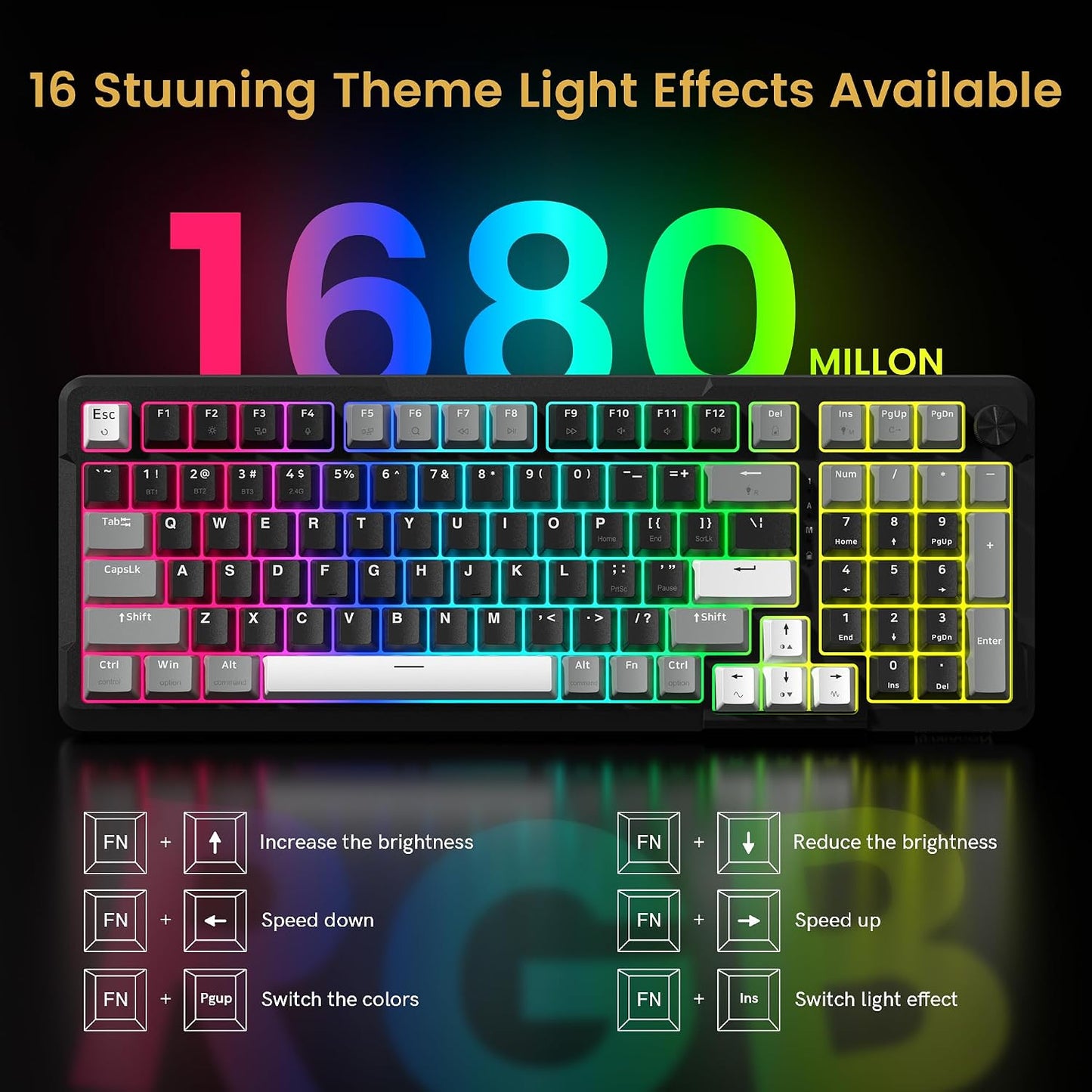 Redragon K742 Wireless Mechanical Gaming Keyboard with Knob for PC Computer | Bluetooth 5.0/2.4GHz/USB C Wireless Creamy Keyboard with Number Pad, RGB Backlits, Hot-Swappable with Linear Switches (Black)